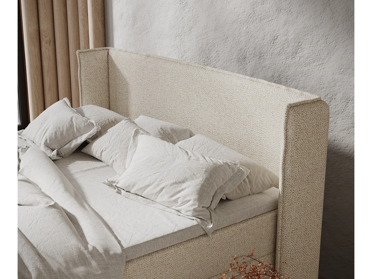 Boxspringbett aus Boucle-Stoff Monpelli - Matratze - Toppermatratze - 180x200 cm - creme