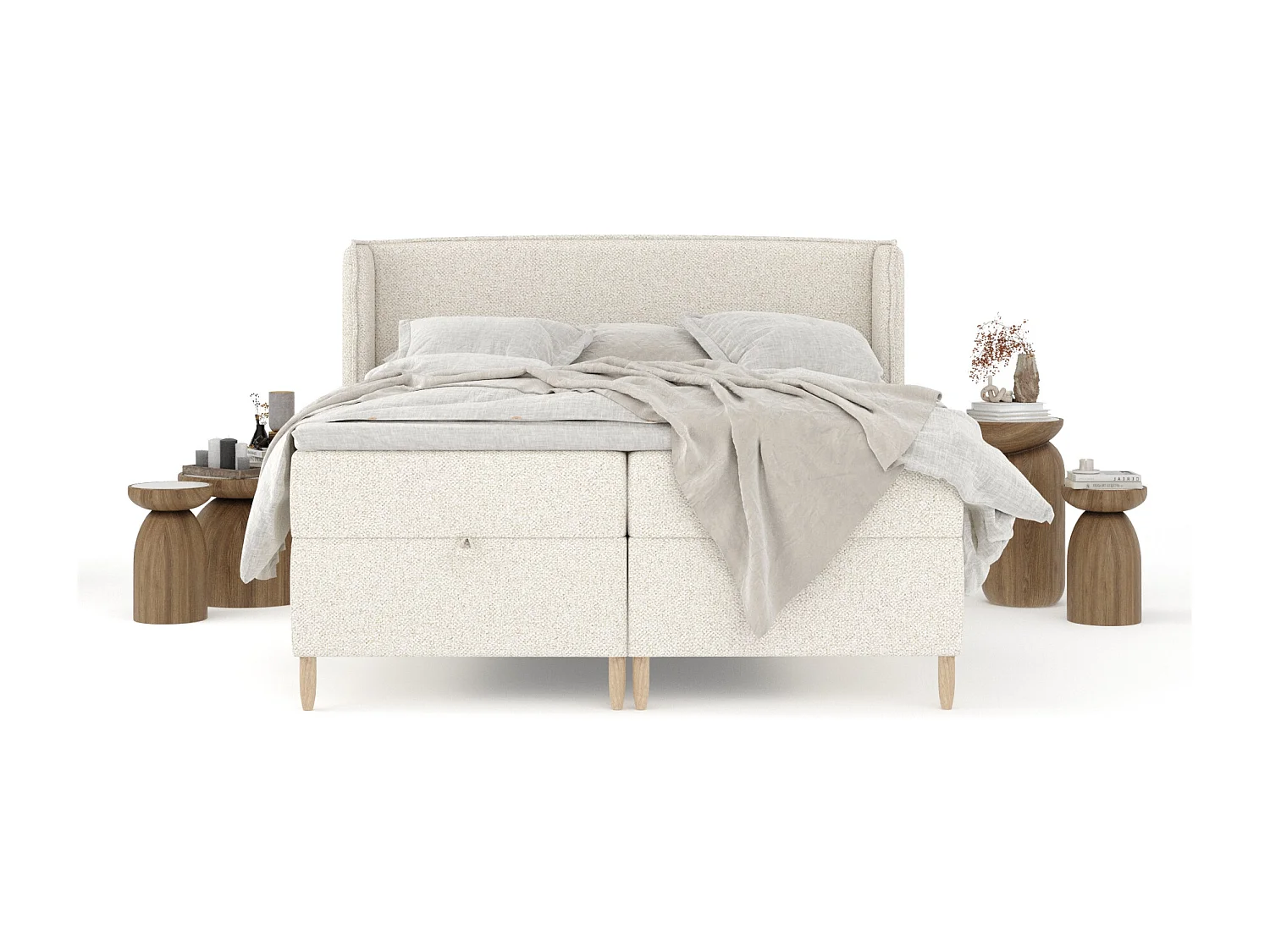 Lit boxspring en tissu bouclette Monpelli - matelas - surmatelas - 180x200 cm - creme