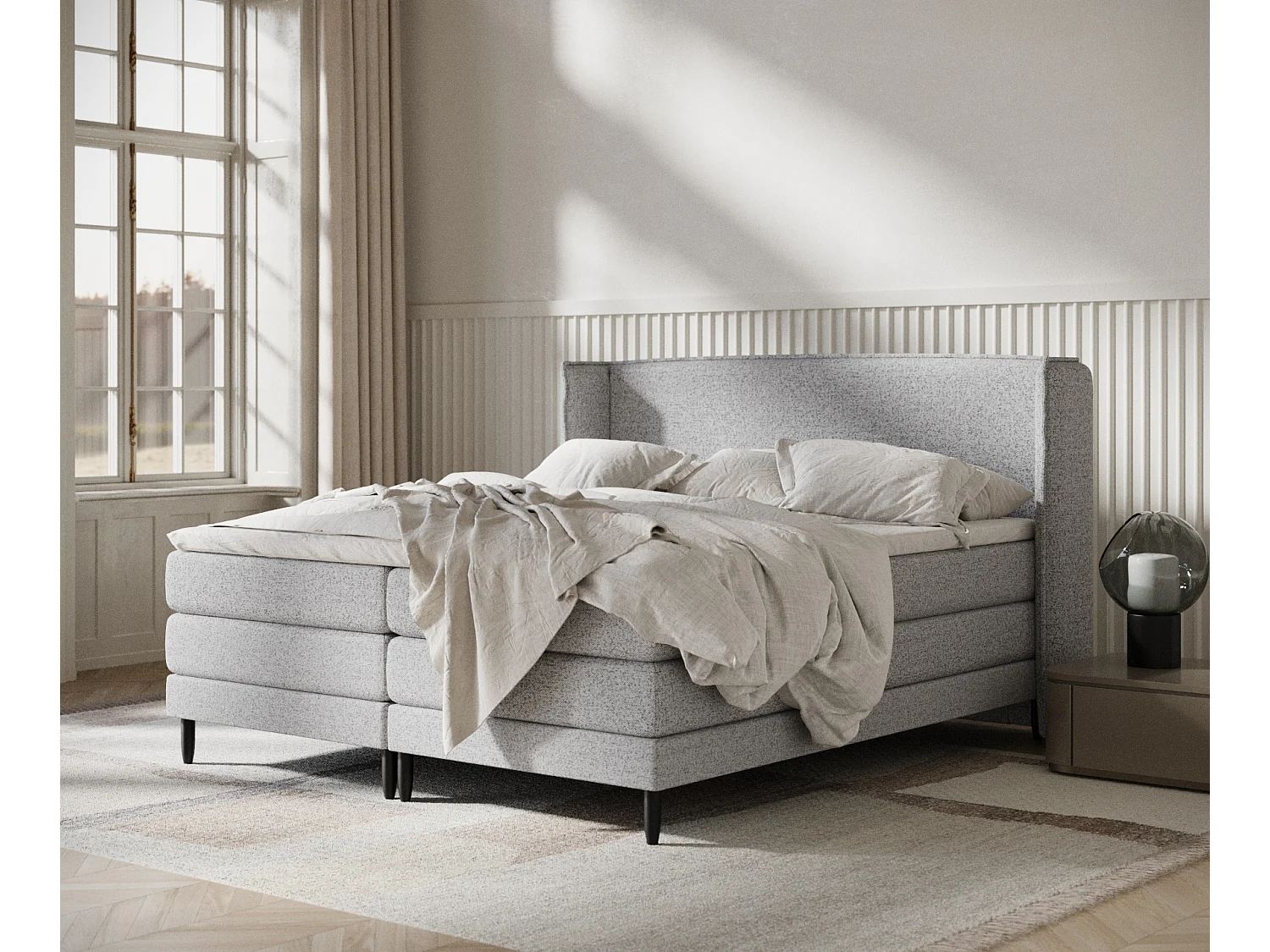 Boxspringbett aus Webstoff Carizzo - Matratze - Toppermatratze - 200x200 cm - grau