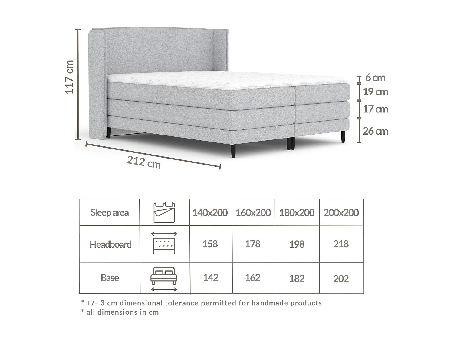 Boxspringbett aus Webstoff Carizzo - Matratze - Toppermatratze - 200x200 cm - grau