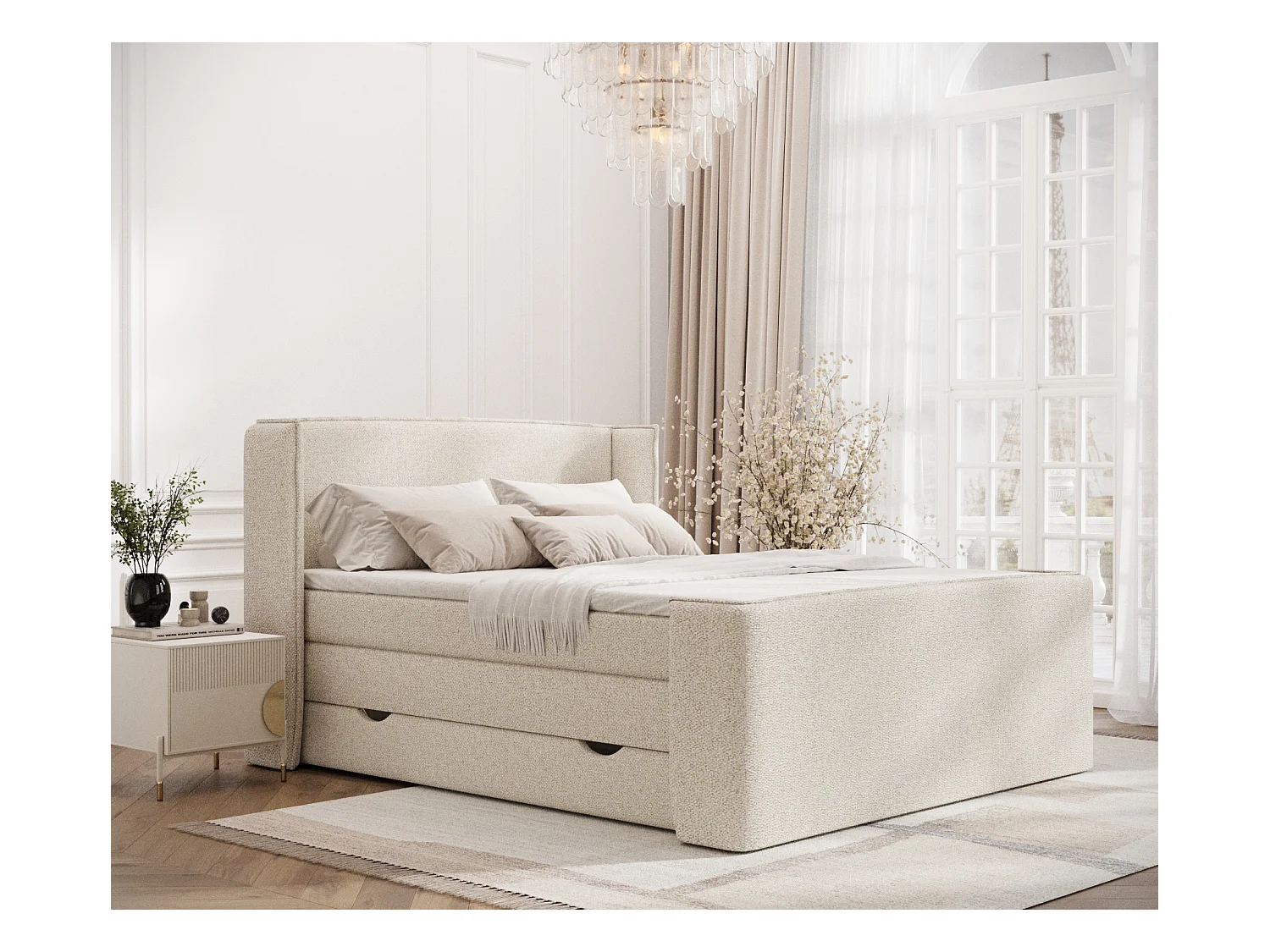 Lit boxspring en tissu bouclette Freeland - matelas - surmatelas - 180x200 cm - creme