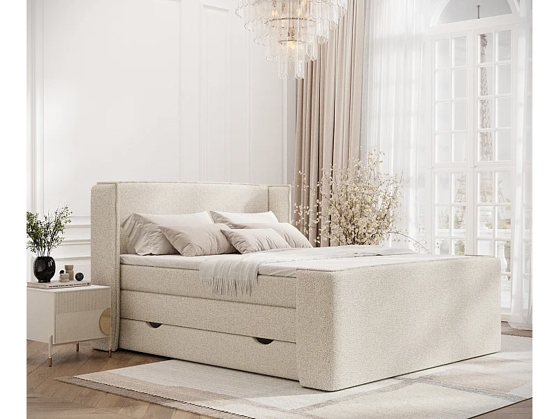 Łóżko boxspring w tkaninie boucle Freeland - materac - topper - 180x200 cm - kremowy