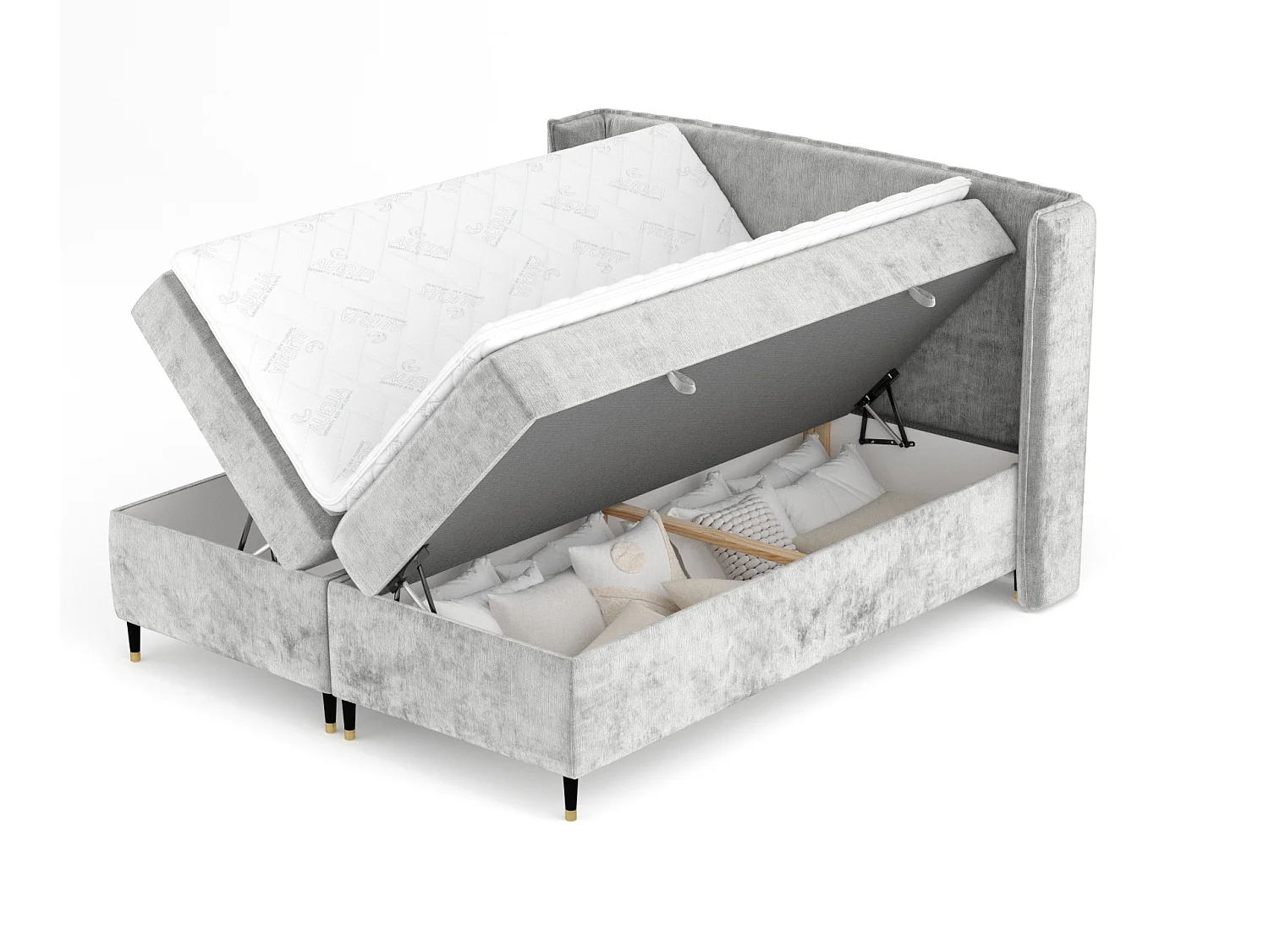 Lit boxspring en tissu chenille Segni - matelas - surmatelas - 160x200 cm - gris clair
