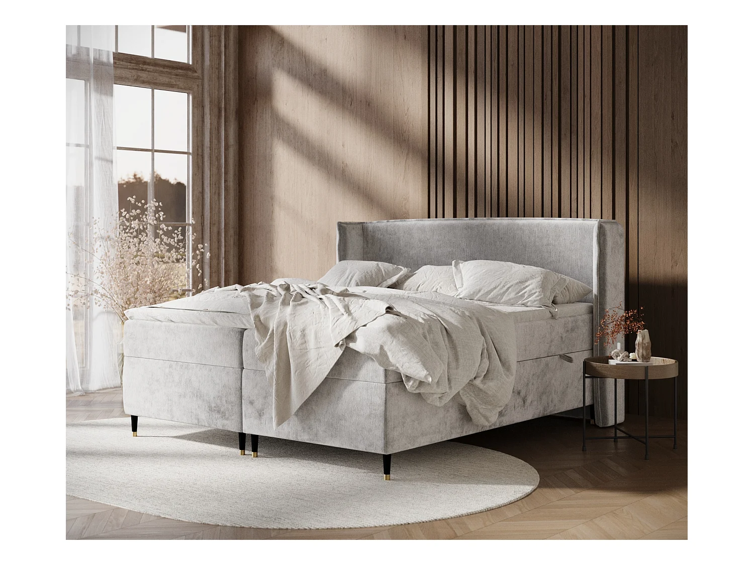 Lit boxspring en tissu chenille Segni - matelas - surmatelas - 160x200 cm - gris clair