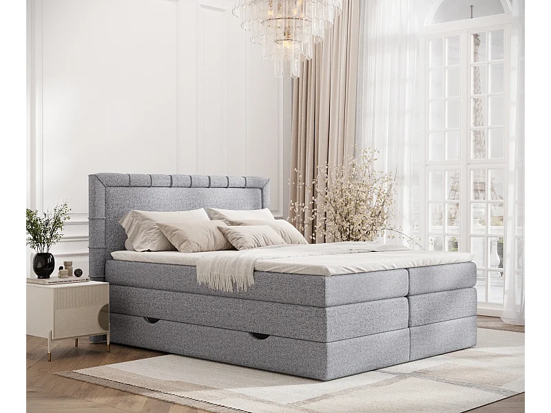 Łóżko boxspring w tkaninie plecionej Rosabel - materac - topper - 140x200 cm - szary