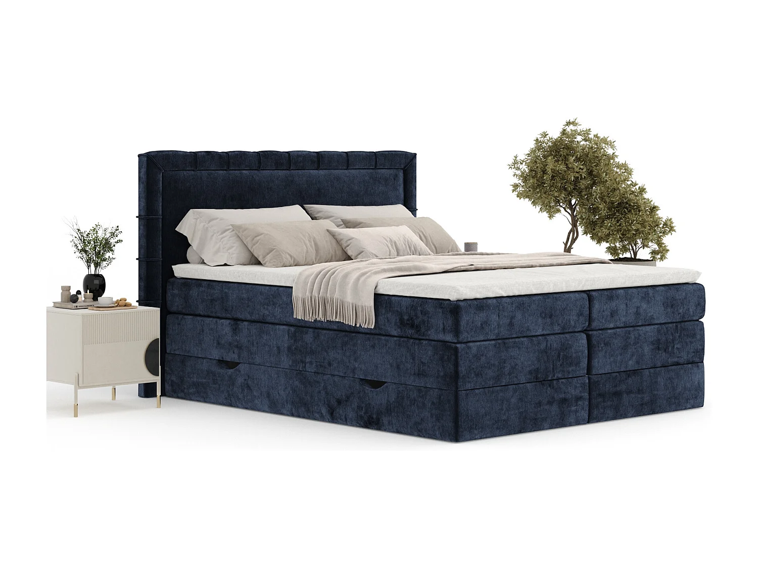 Boxspringbett aus Chenille-Stoff Rosabel - Matratze - Toppermatratze - 200x200 cm - marineblau