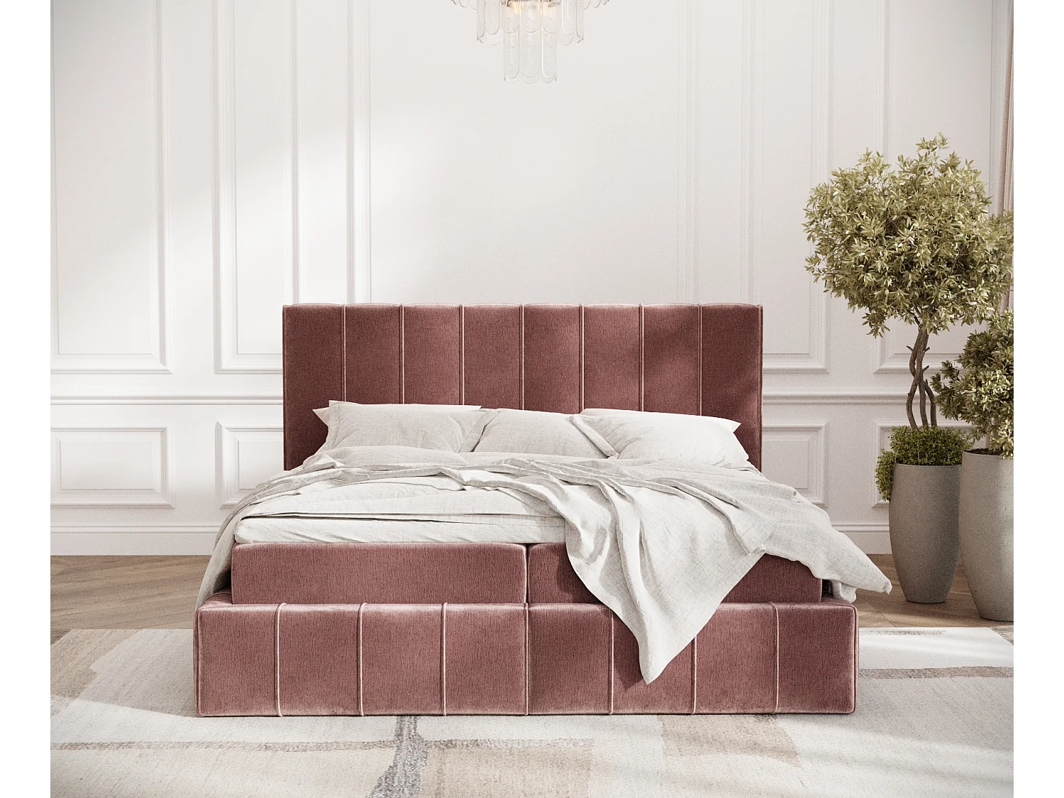 Boxspringbett aus Chenille-Stoff Moretti - Matratze - Toppermatratze - 160x200 cm - rosa