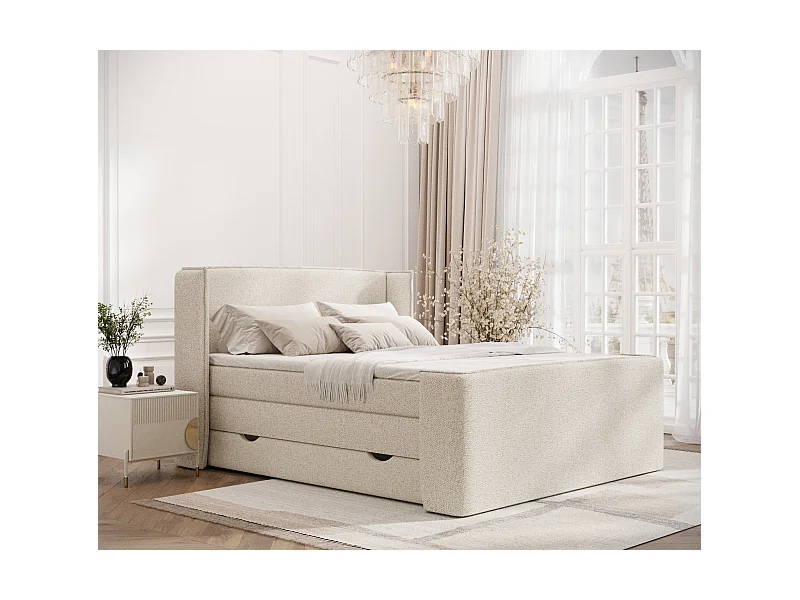 Boxspringbett aus Boucle-Stoff Freeland - Matratze - Toppermatratze - 200x200 cm - creme