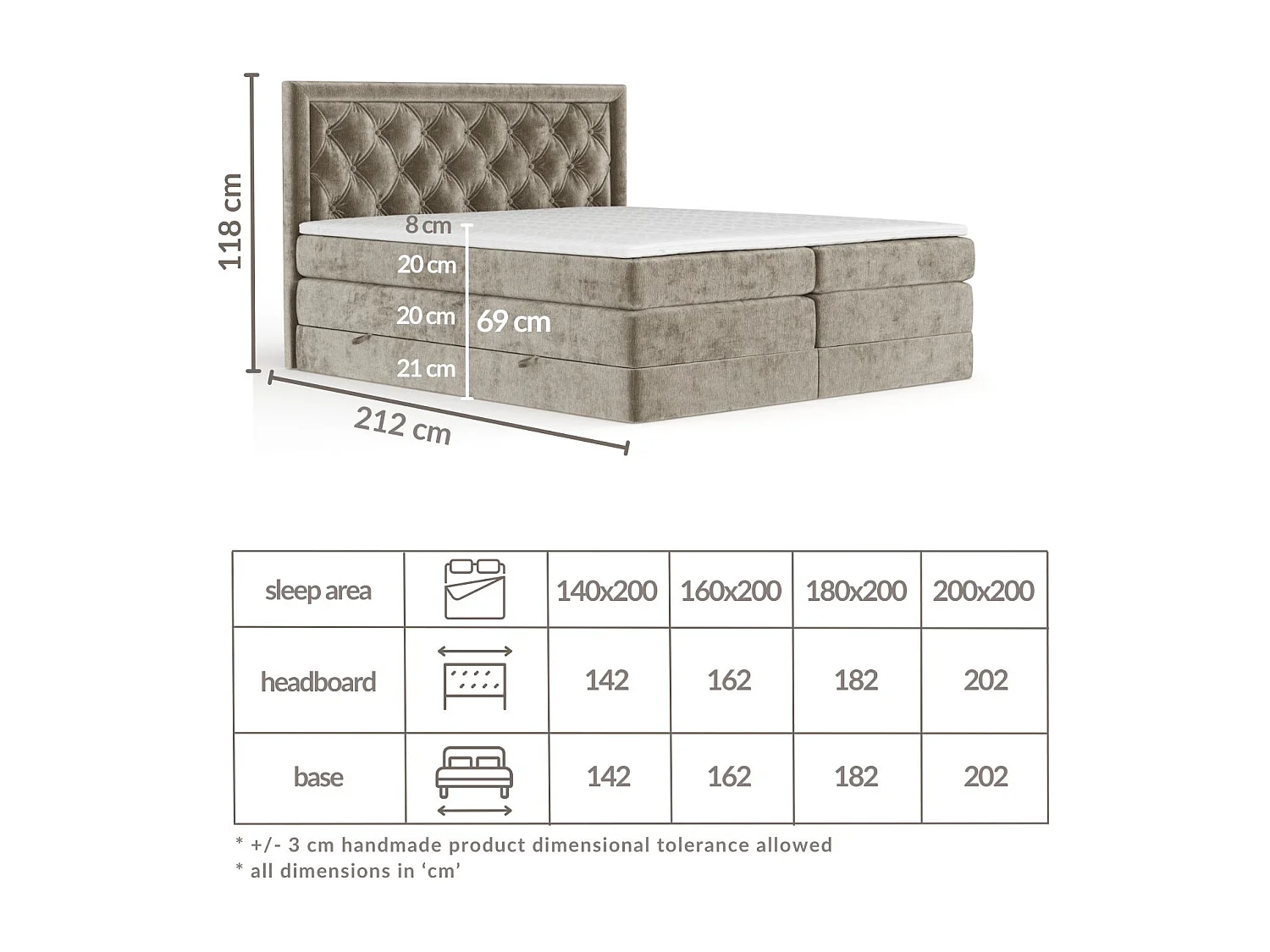 Boxspringbett aus Chenille-Stoff Aurelia - Matratze - Toppermatratze - 140x200 cm - braun