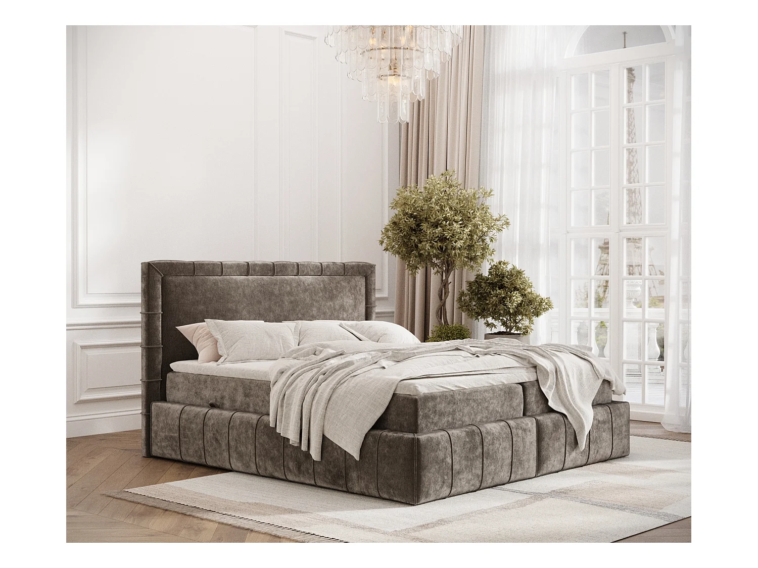 Lit boxspring en tissu chenille Sundown - matelas - surmatelas - 140x200 cm - brun
