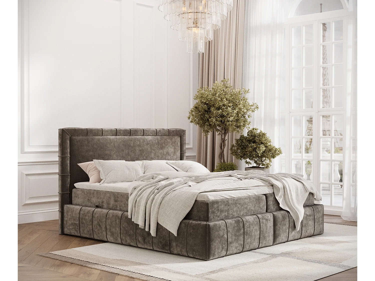 Boxspringbett aus Chenille-Stoff Sundown - Matratze - Toppermatratze - 140x200 cm - braun