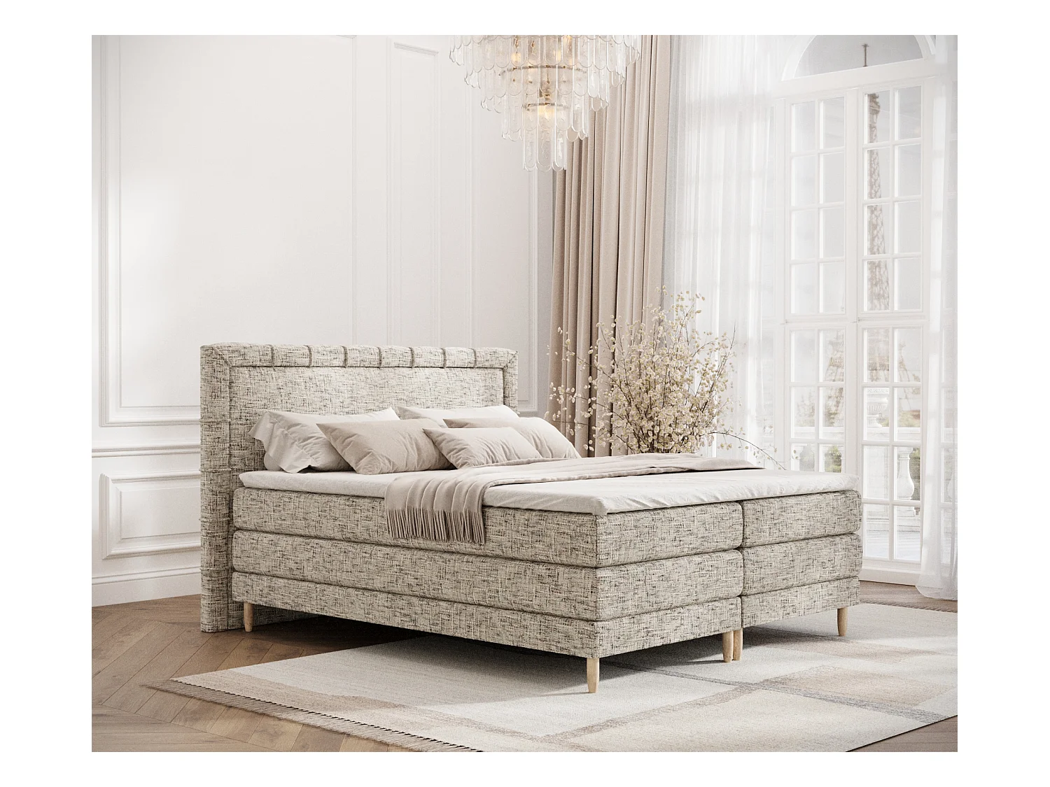 Lit boxspring en toile tissée Rimini - matelas - surmatelas - 180x200 cm - beige mélangé