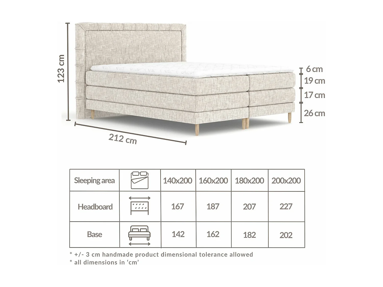 Łóżko boxspring w tkaninie plecionej Rimini - materac - topper - 180x200 cm - beżowy melanż