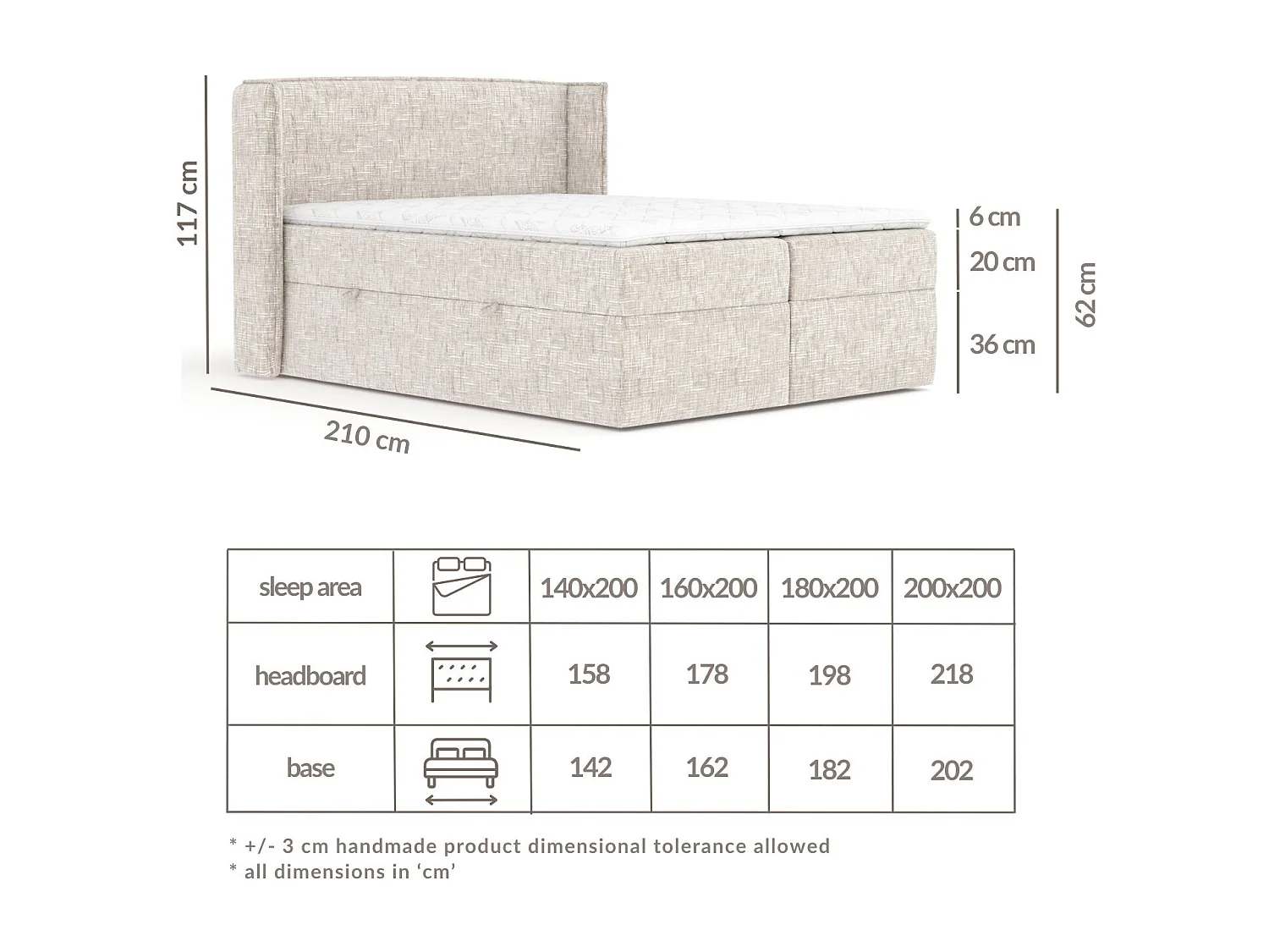 Boxspringbett aus Webstoff Skyline - Matratze - Toppermatratze - 200x200 cm - creme