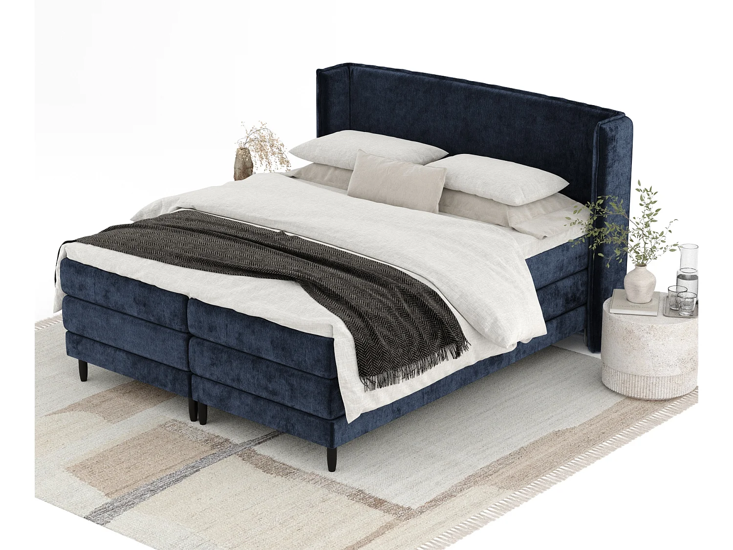 Boxspringbett aus Chenille-Stoff Carizzo - Matratze - Toppermatratze - 160x200 cm - marineblau