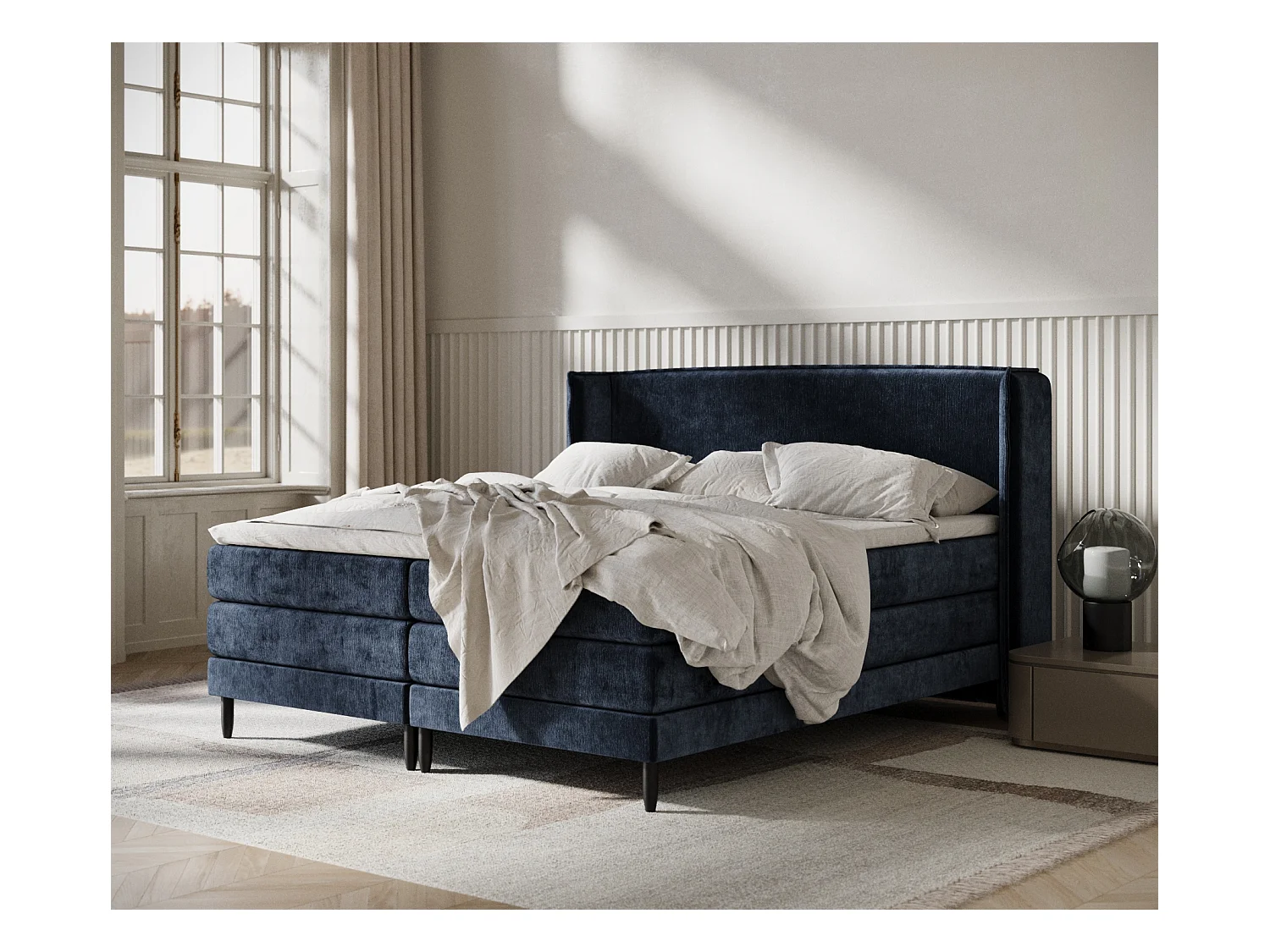 Lit boxspring en tissu chenille Carizzo - matelas - surmatelas - 160x200 cm - bleu marine