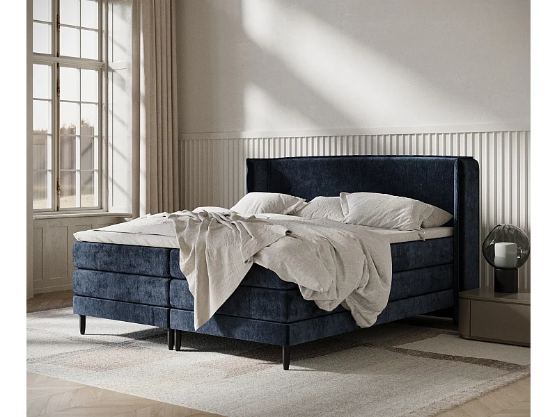 Łóżko boxspring w tkaninie szenilowej Carizzo - materac - topper - 160x200 cm - granatowy