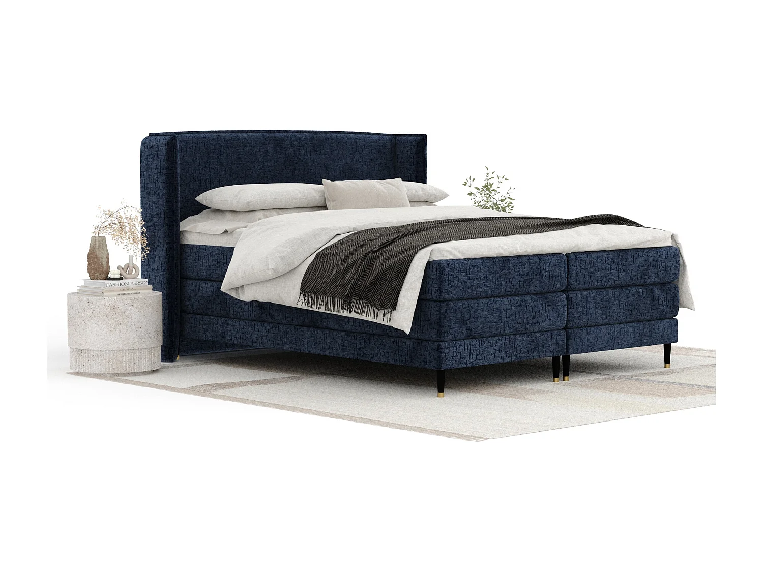 Lit boxspring en tissu chenille Carizzo - matelas - surmatelas - 180x200 cm - bleu marine