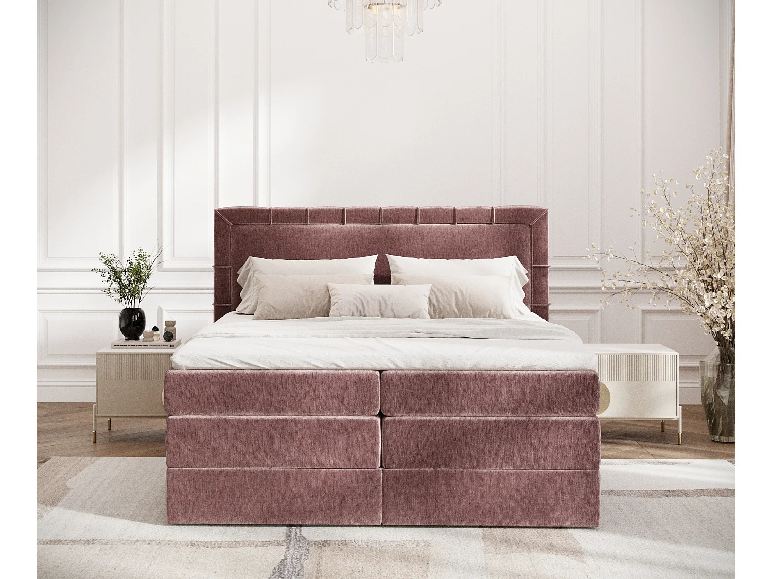 Boxspringbett aus Chenille-Stoff Rosabel - Matratze - Toppermatratze - 200x200 cm - rosa