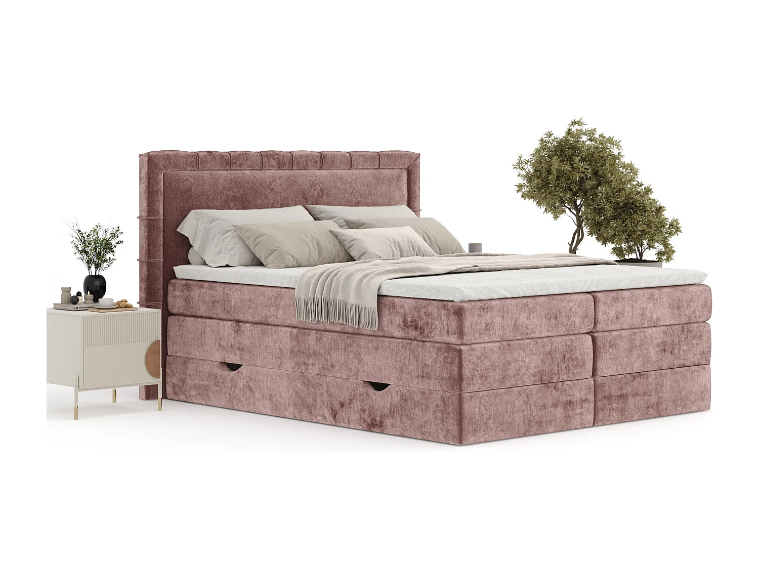 Boxspringbett aus Chenille-Stoff Rosabel - Matratze - Toppermatratze - 200x200 cm - rosa