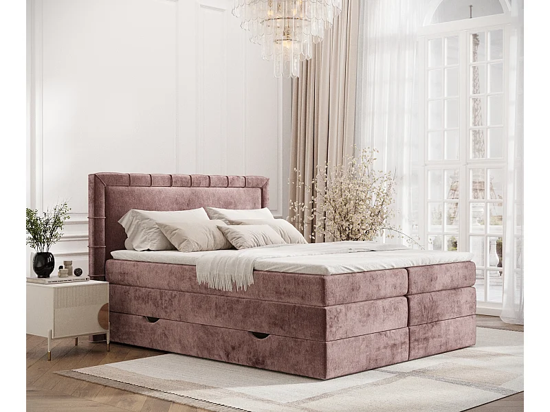 Lit boxspring en tissu chenille Rosabel - matelas - surmatelas - 200x200 cm - rose