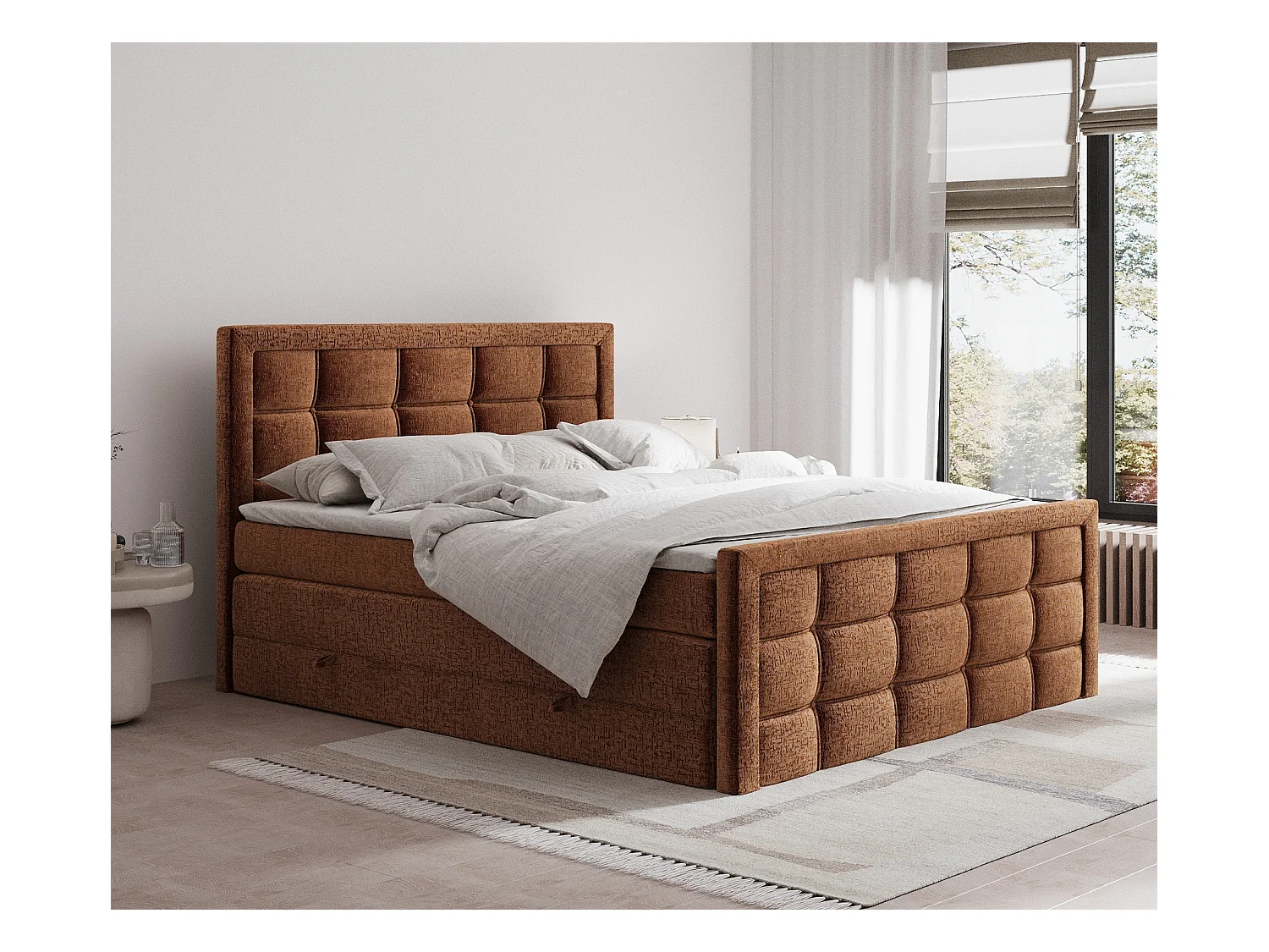 Lit boxspring en tissu chenille Ambrosia - matelas - surmatelas - 160x200 cm - couleur cuivre