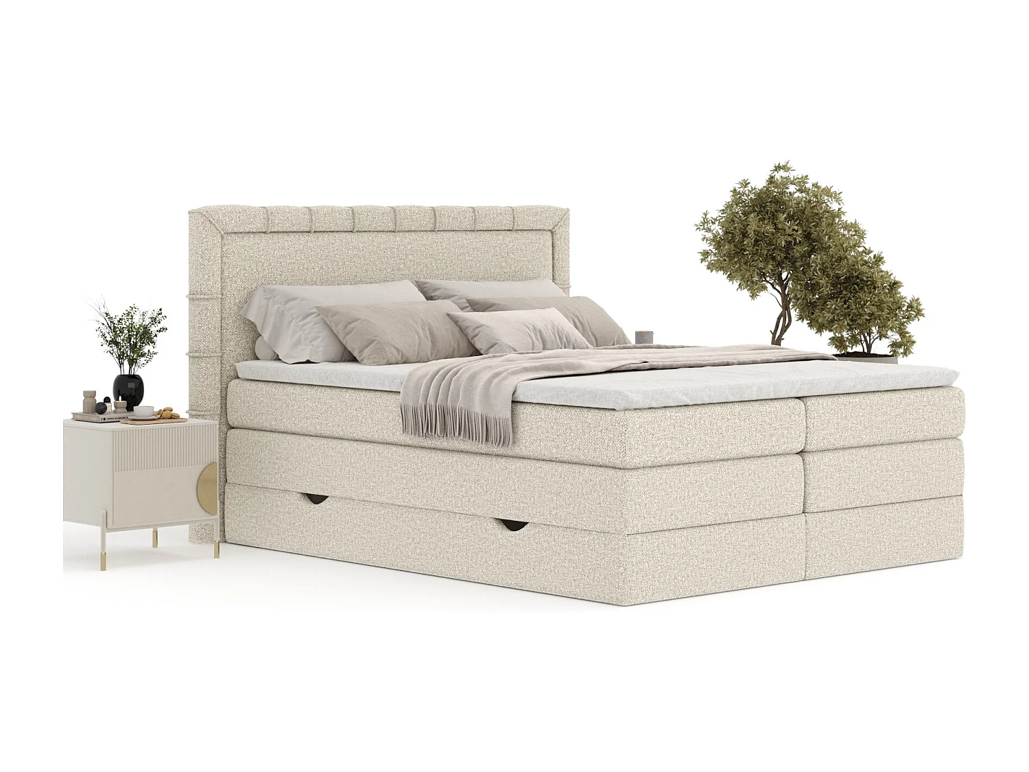 Boxspringbett aus Boucle-Stoff Rosabel - matelas - surmatelas - 180x200 cm - beige