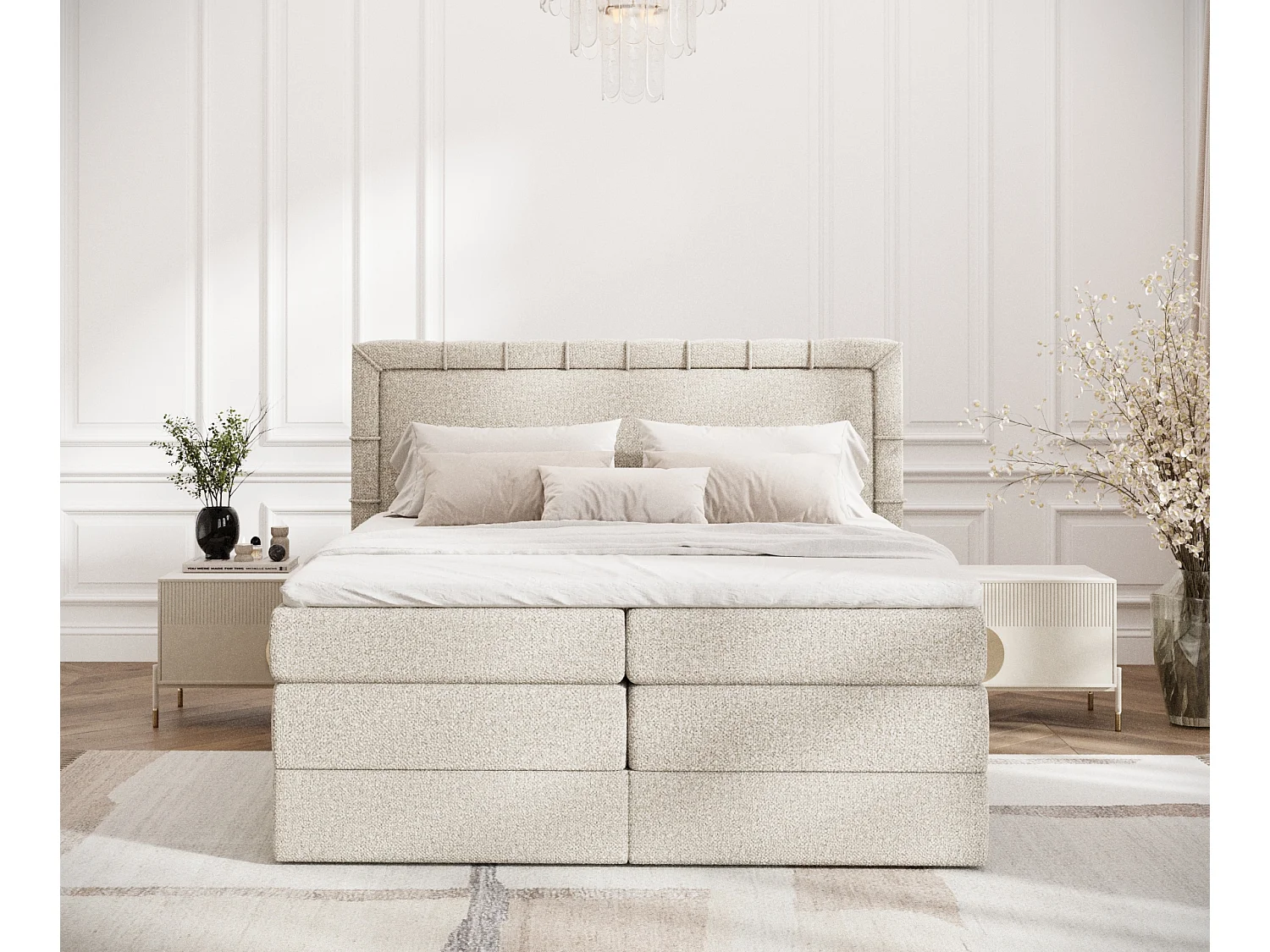 Boxspringbett aus Boucle-Stoff Rosabel - matelas - surmatelas - 180x200 cm - beige