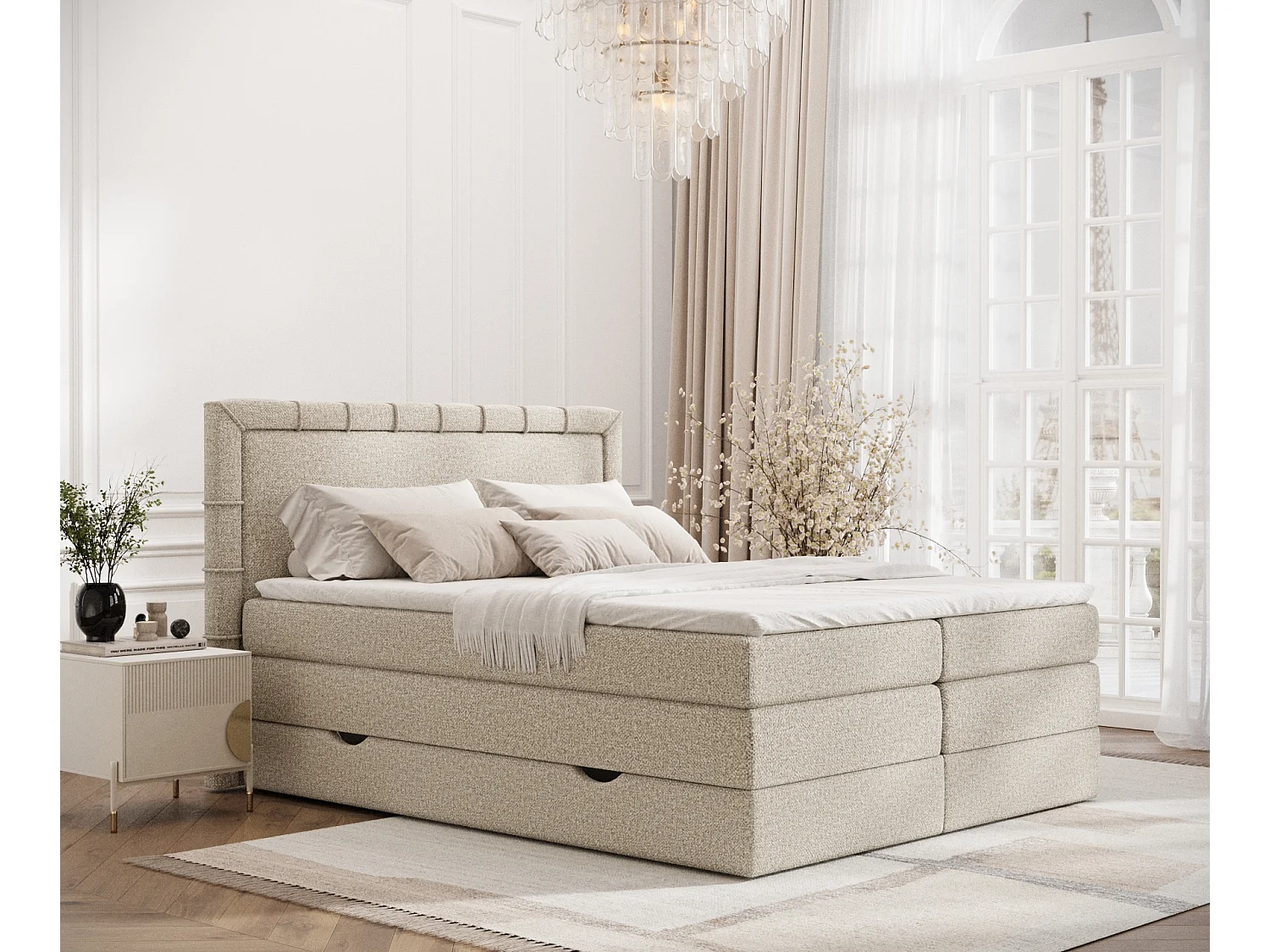 Boxspringbett aus Boucle-Stoff Rosabel - matelas - surmatelas - 180x200 cm - beige