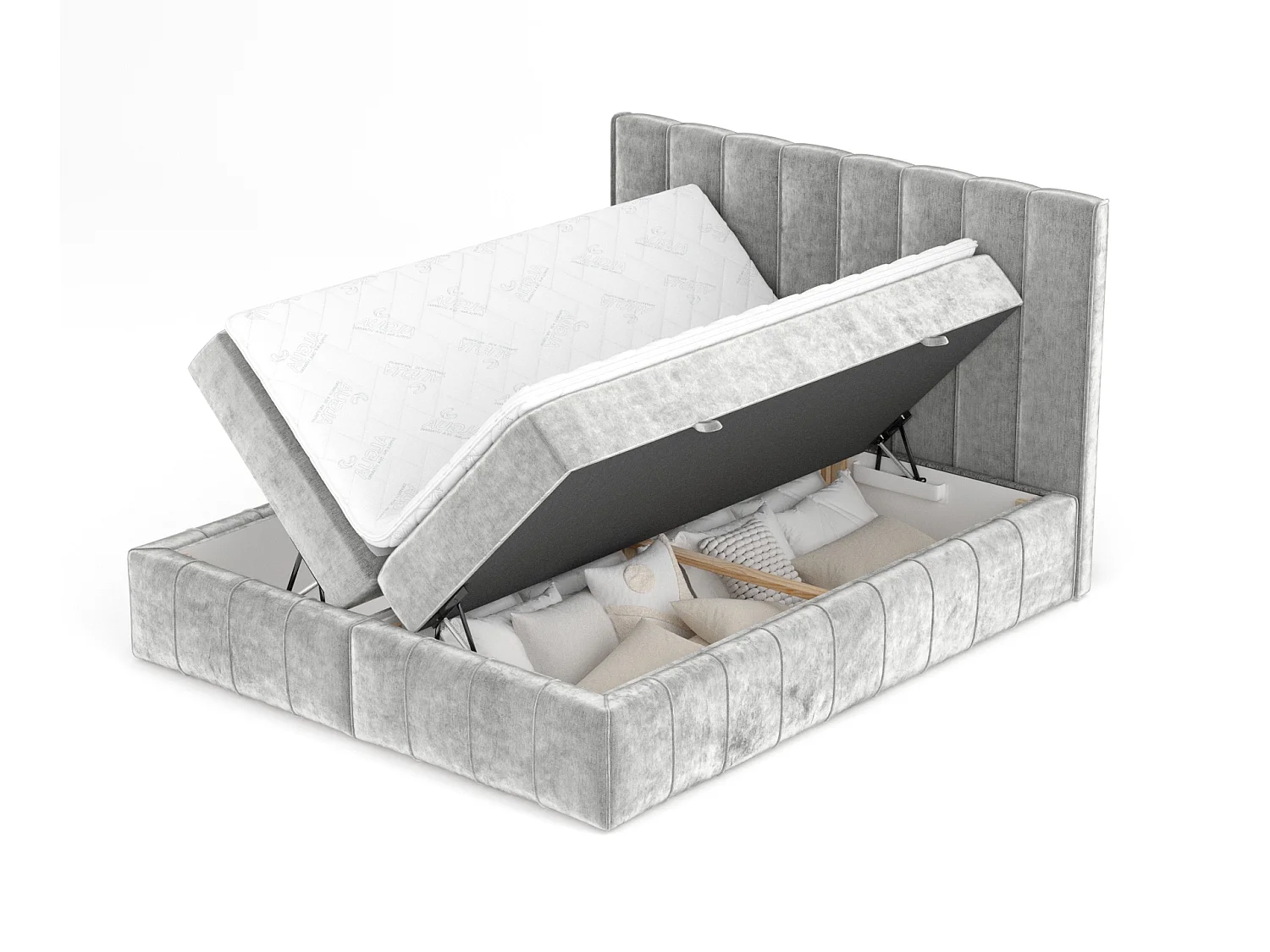 Boxspringbett aus Chenille-Stoff Moretti - Matratze - Toppermatratze - 140x200 cm - hellgrau