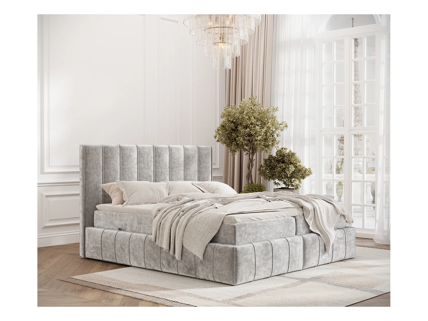 Lit boxspring en tissu chenille Moretti - matelas - surmatelas - 140x200 cm - gris clair