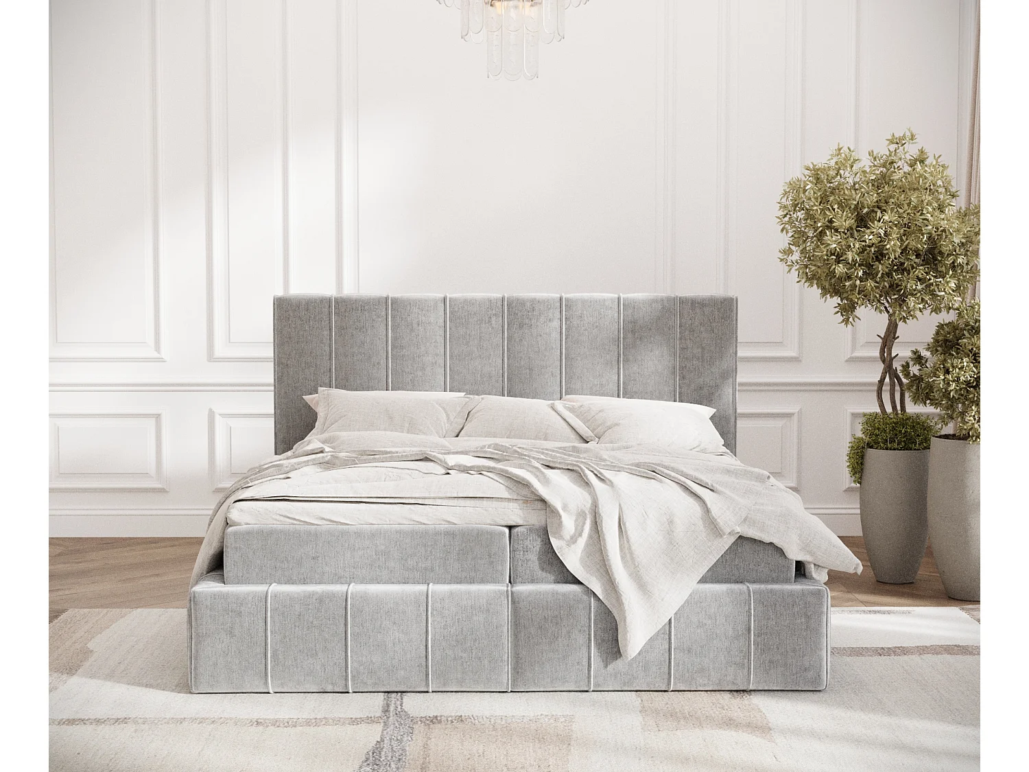 Boxspringbett aus Chenille-Stoff Moretti - Matratze - Toppermatratze - 140x200 cm - hellgrau
