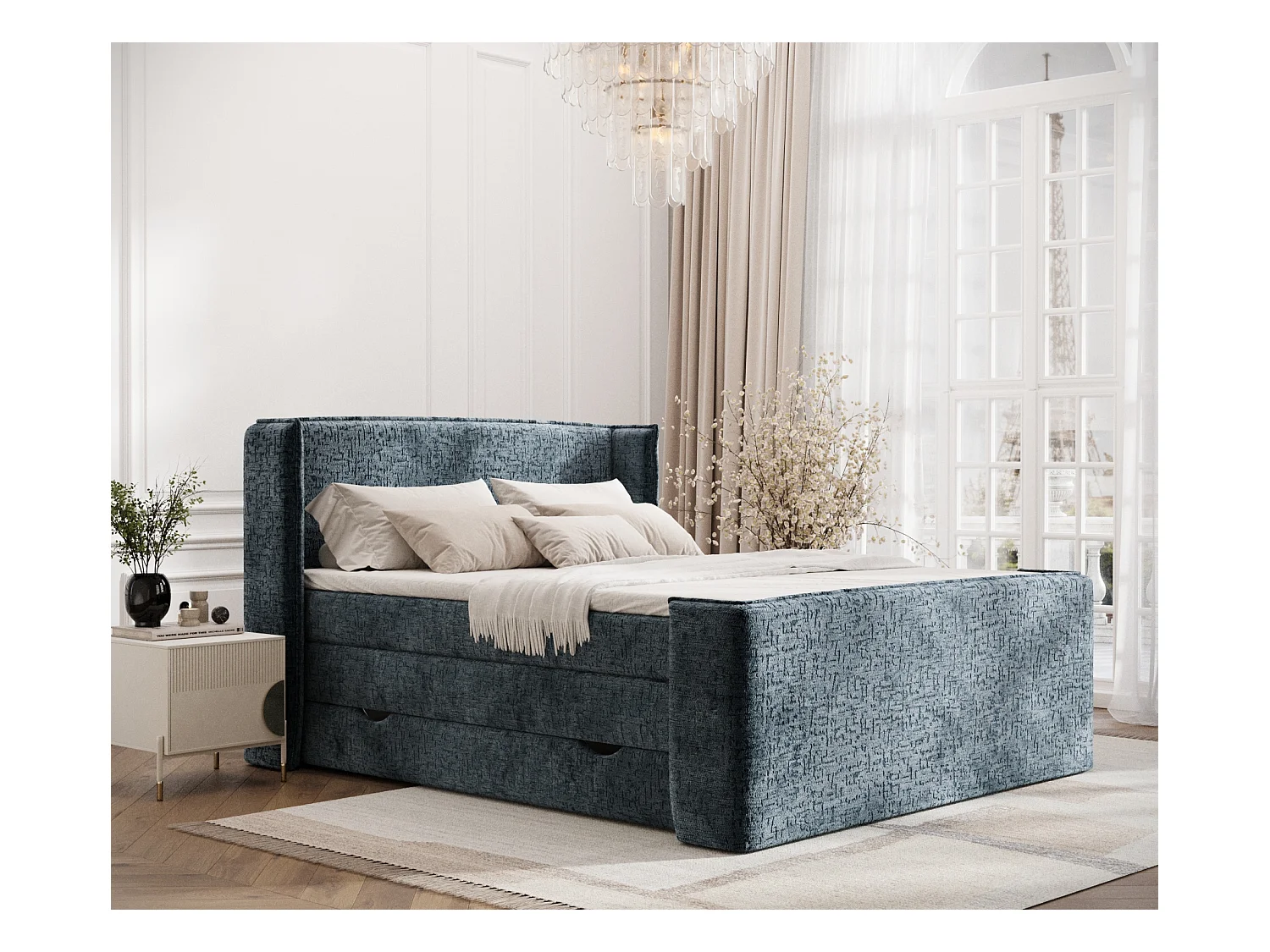 Lit boxspring en tissu chenille Freeland - matelas - surmatelas - 160x200 cm - bleu