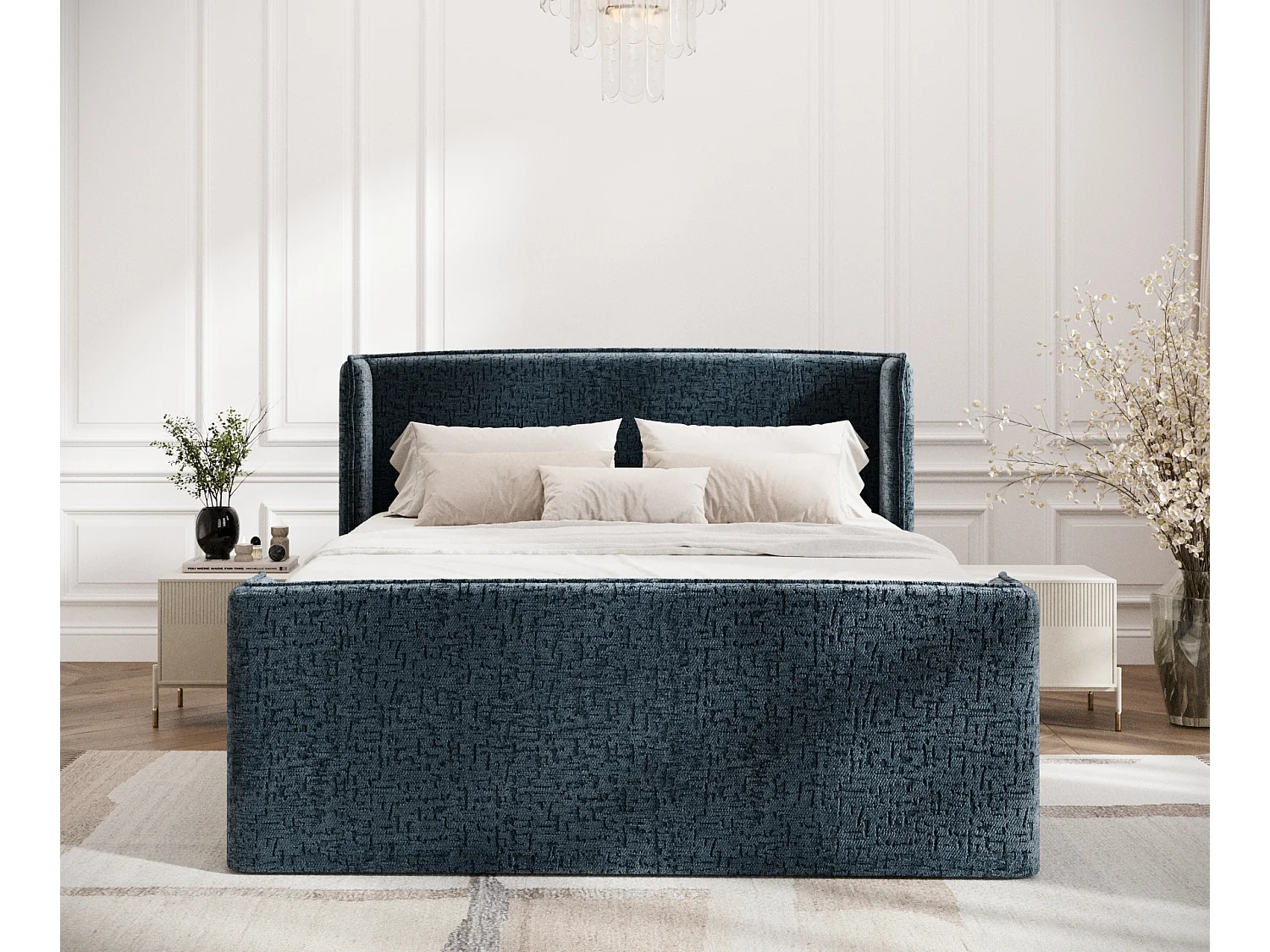Lit boxspring en tissu chenille Freeland - matelas - surmatelas - 160x200 cm - bleu