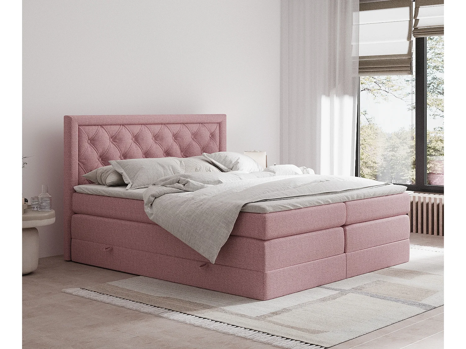 Boxspringbett aus Webstoff Aurelia - Matratze - Toppermatratze - 140x200 cm - rosa