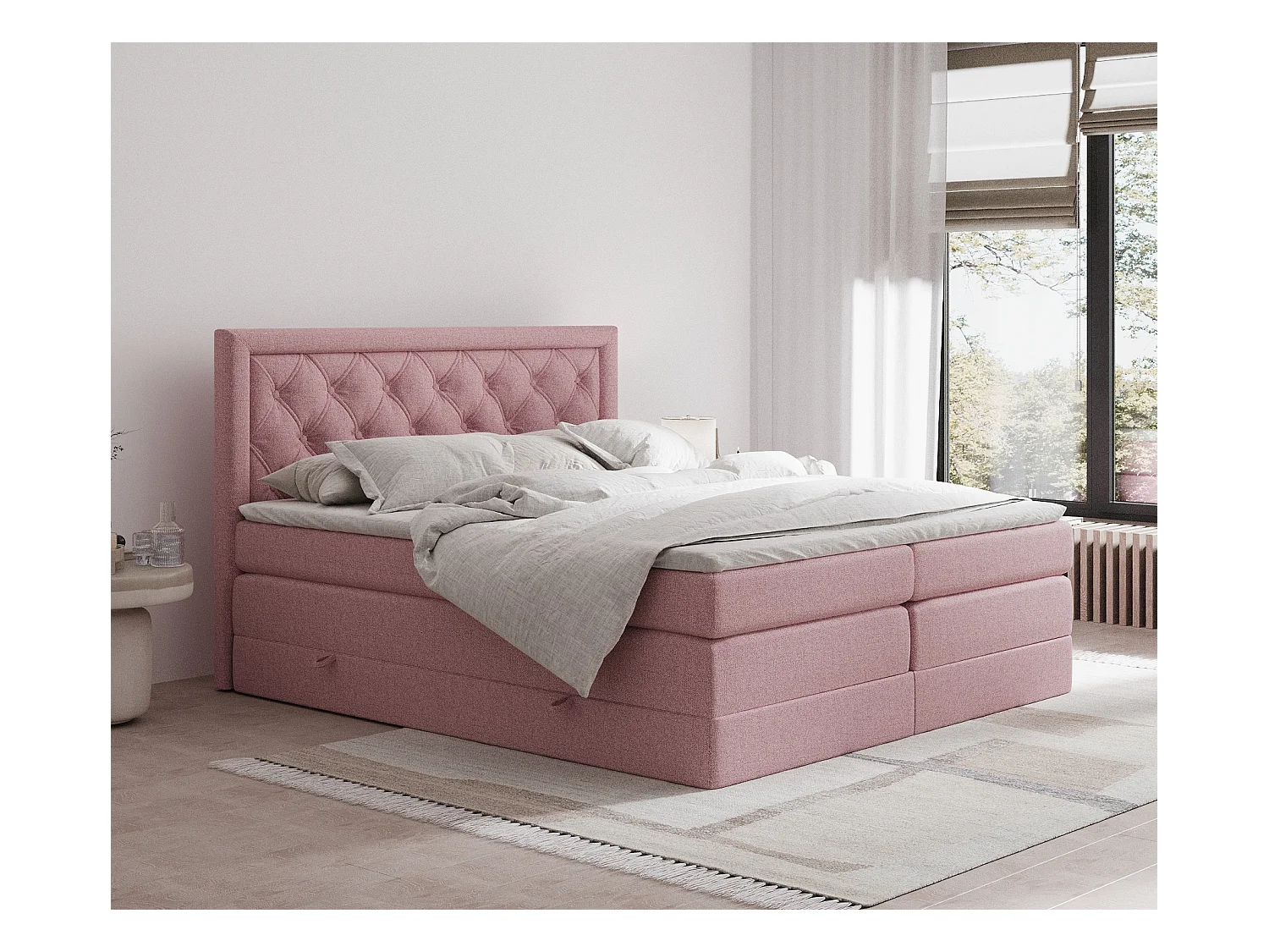Lit boxspring en toile tissée Aurelia - matelas - surmatelas - 140x200 cm - rose