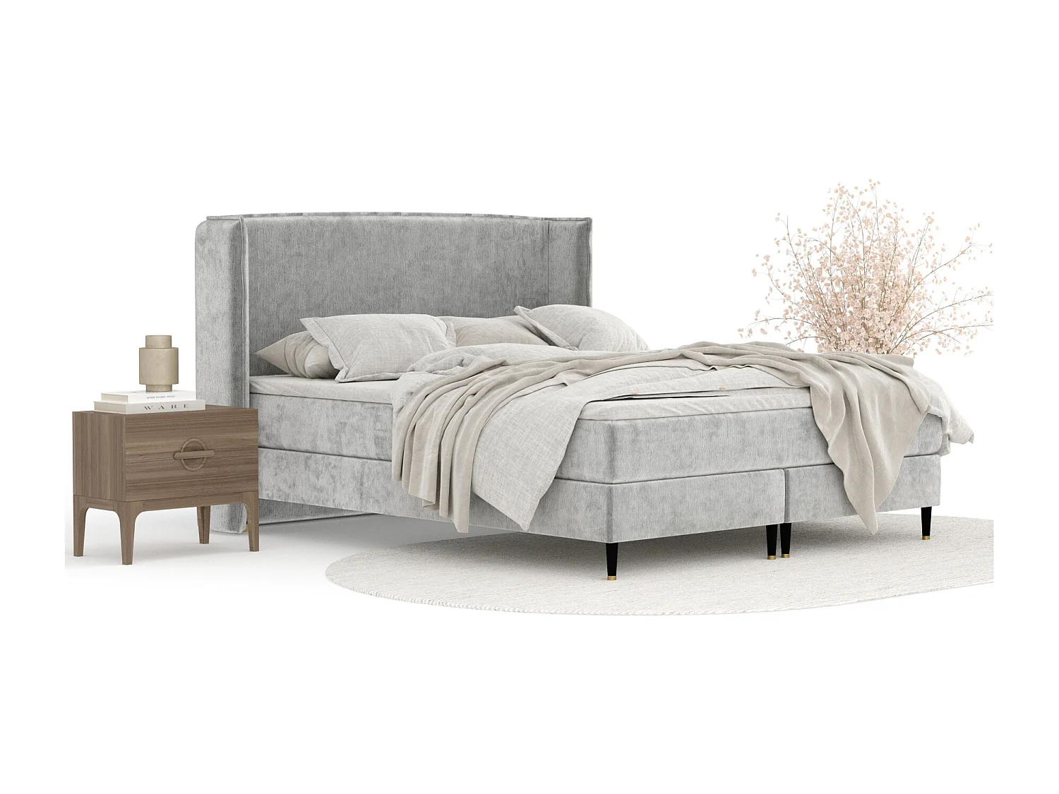 Lit boxspring en tissu chenille Ardis - matelas - surmatelas - 160x200 cm - gris clair