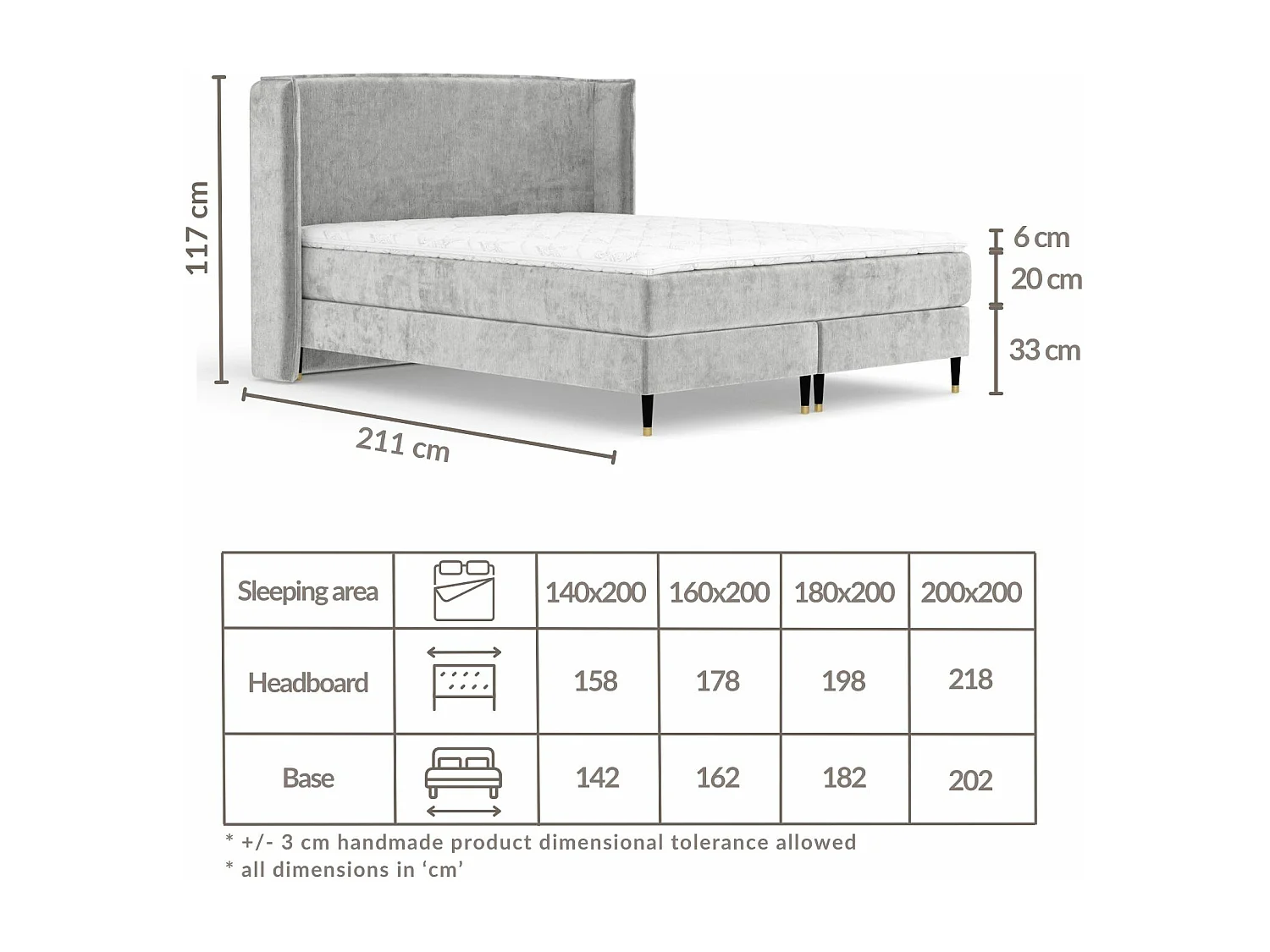 Lit boxspring en tissu chenille Ardis - matelas - surmatelas - 160x200 cm - gris clair