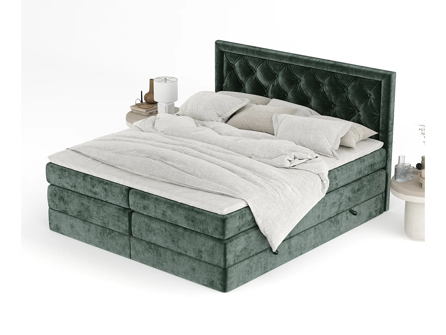 Boxspringbett aus Chenille-Stoff Aurelia - Matratze - Toppermatratze - 140x200 cm - grün