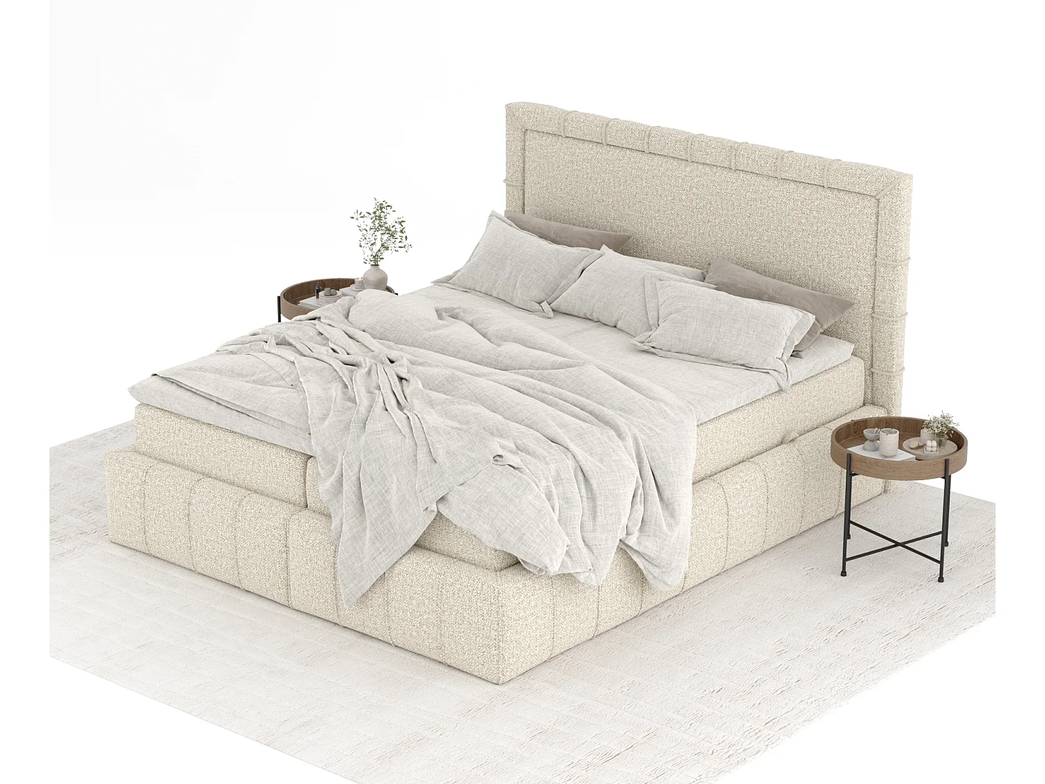 Boxspringbett aus Boucle-Stoff Sundown - Matratze - Toppermatratze - 200x200 cm - beige