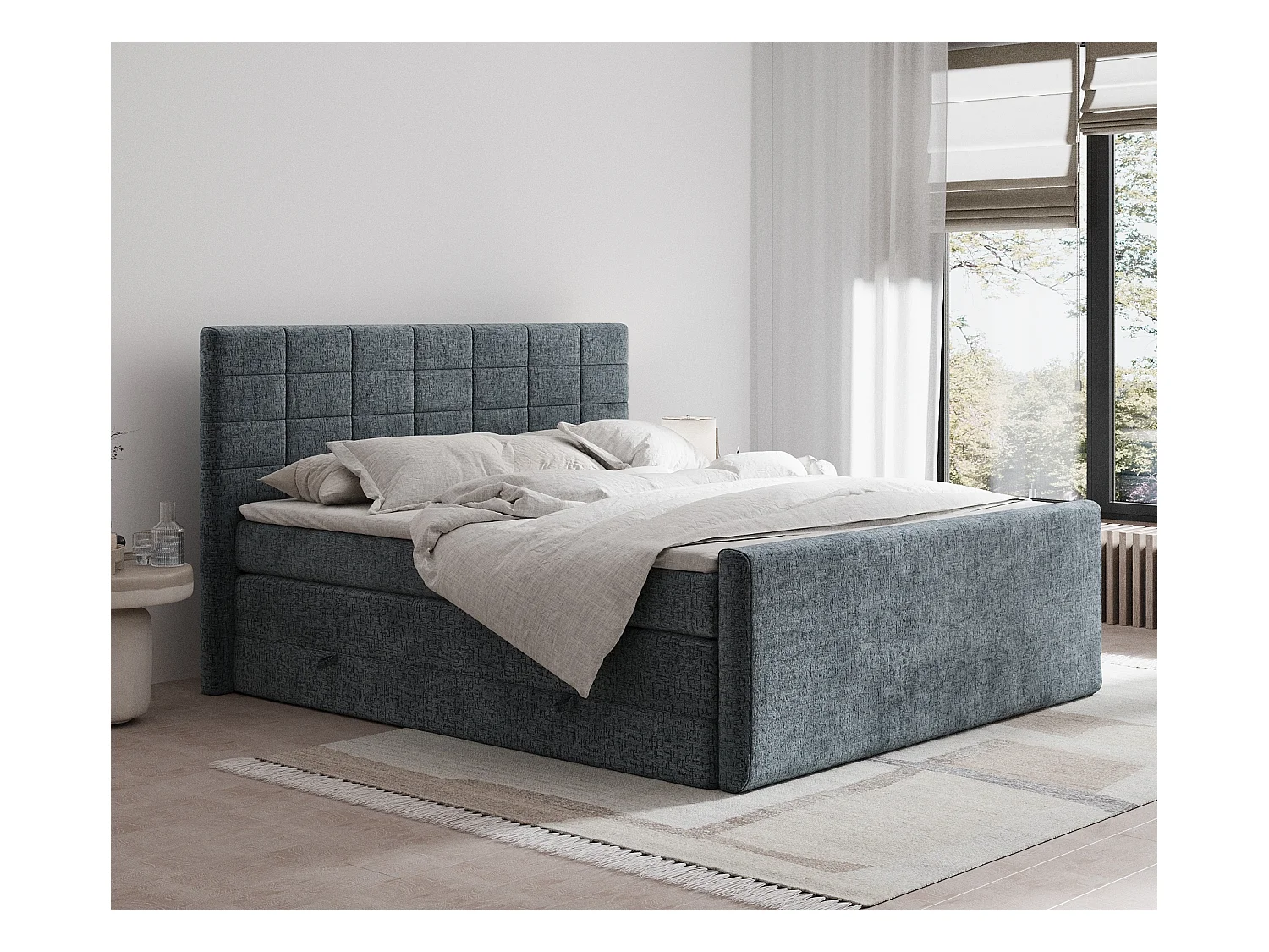 Lit boxspring en tissu chenille Ava - matelas - surmatelas - 200x200 cm - gris