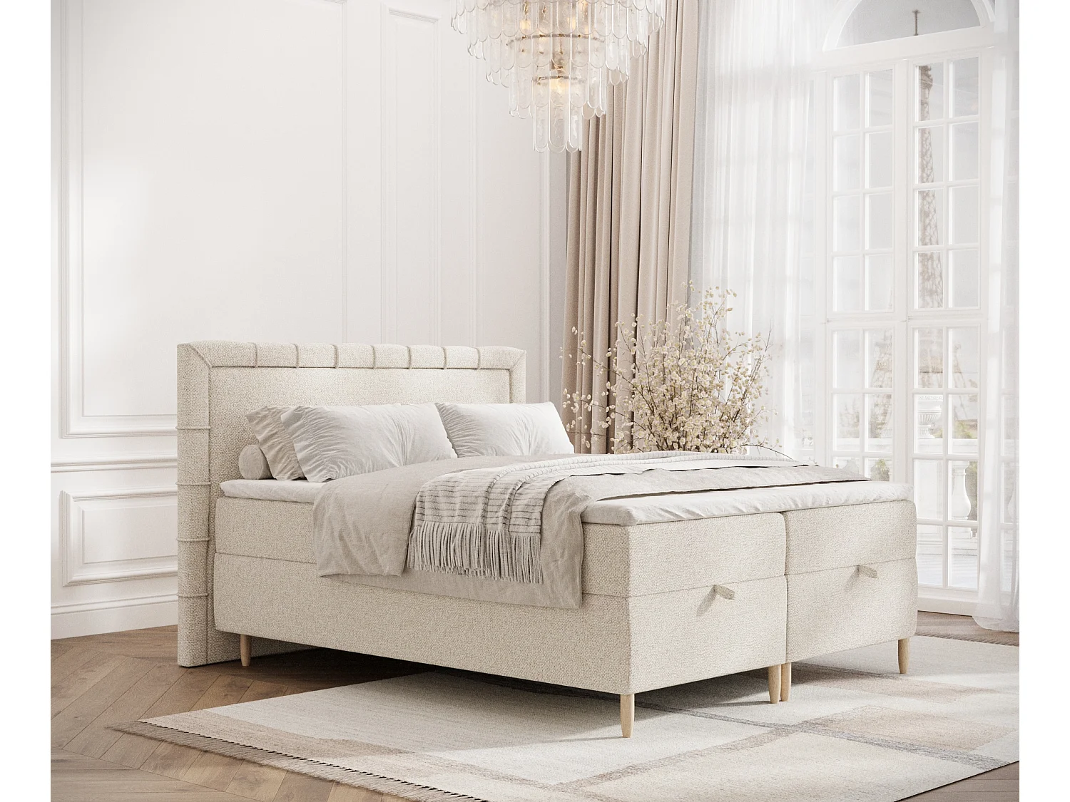 Lit boxspring en tissu bouclette Voyage - matelas - surmatelas - 200x200 cm - creme