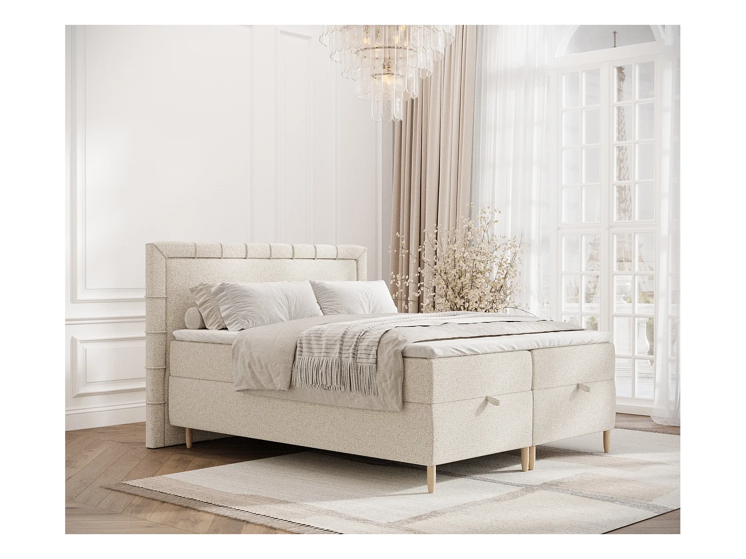 Lit boxspring en tissu bouclette Voyage - matelas - surmatelas - 200x200 cm - creme