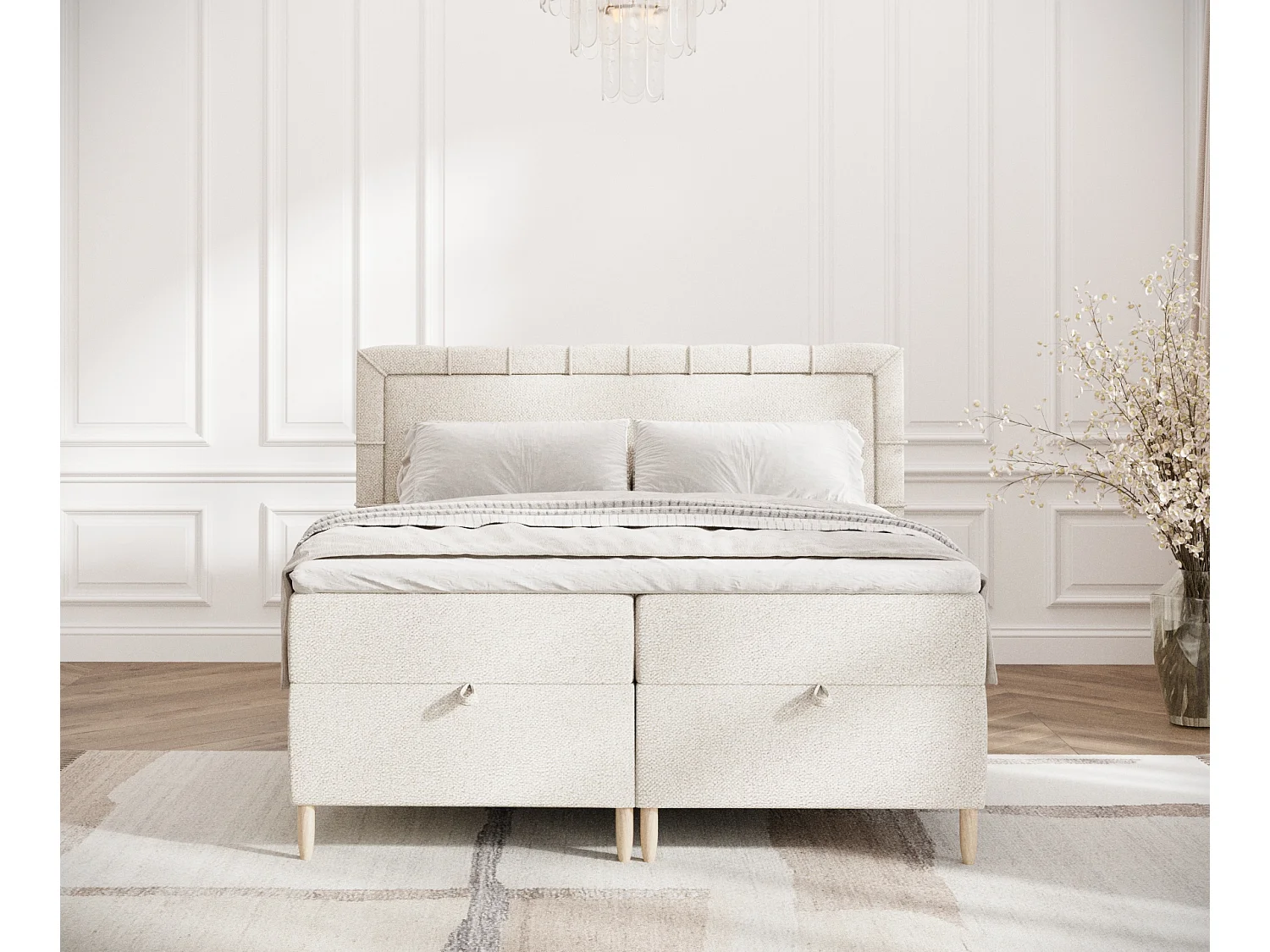 Boxspringbett aus Boucle-Stoff Voyage - Matratze - Toppermatratze - 200x200 cm - creme