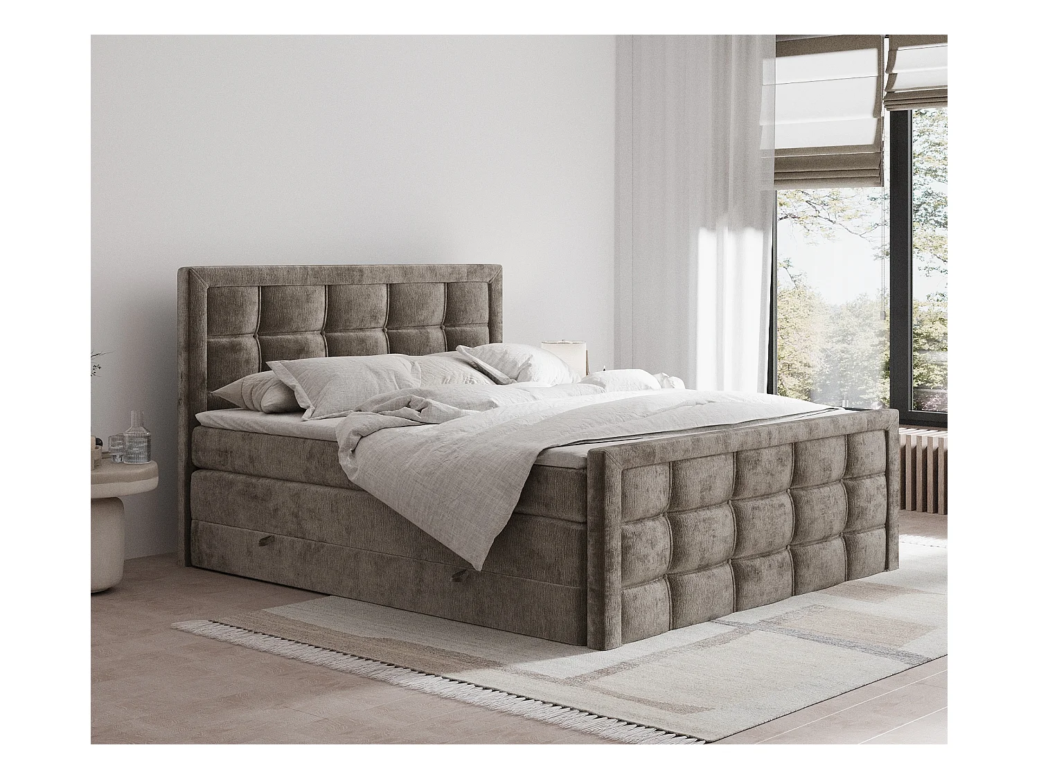 Lit boxspring en tissu chenille Ambrosia - matelas - surmatelas - 200x200 cm - brun