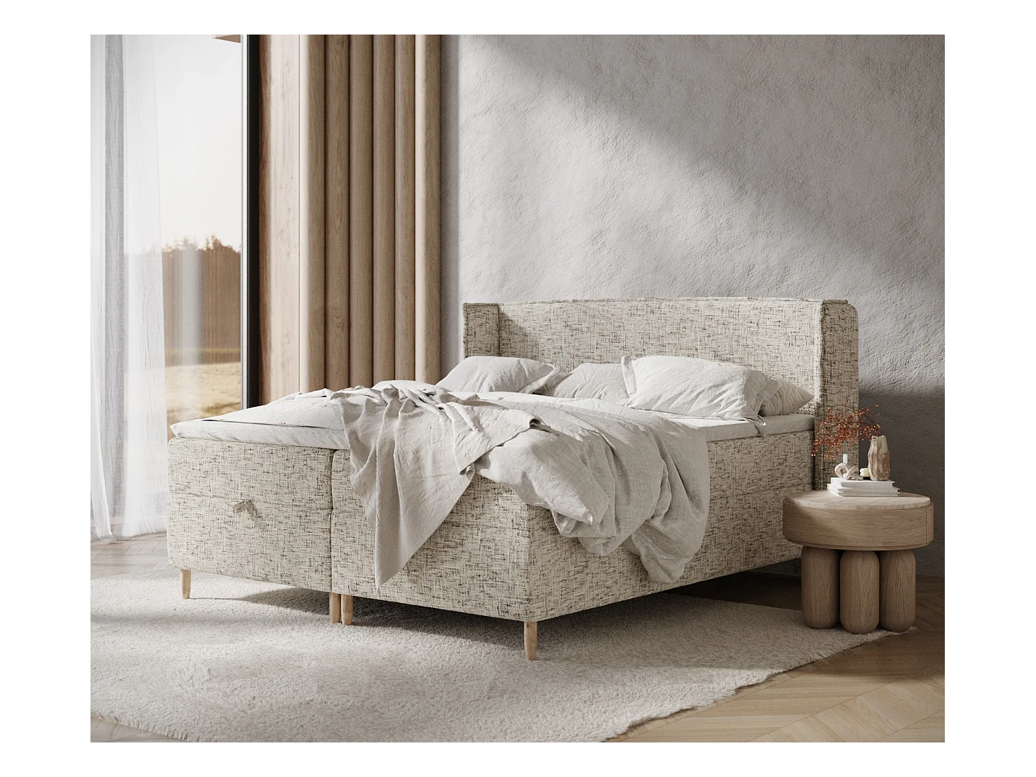 Lit boxspring en toile tissée Monpelli - matelas - surmatelas - 140x200 cm - beige mélangé