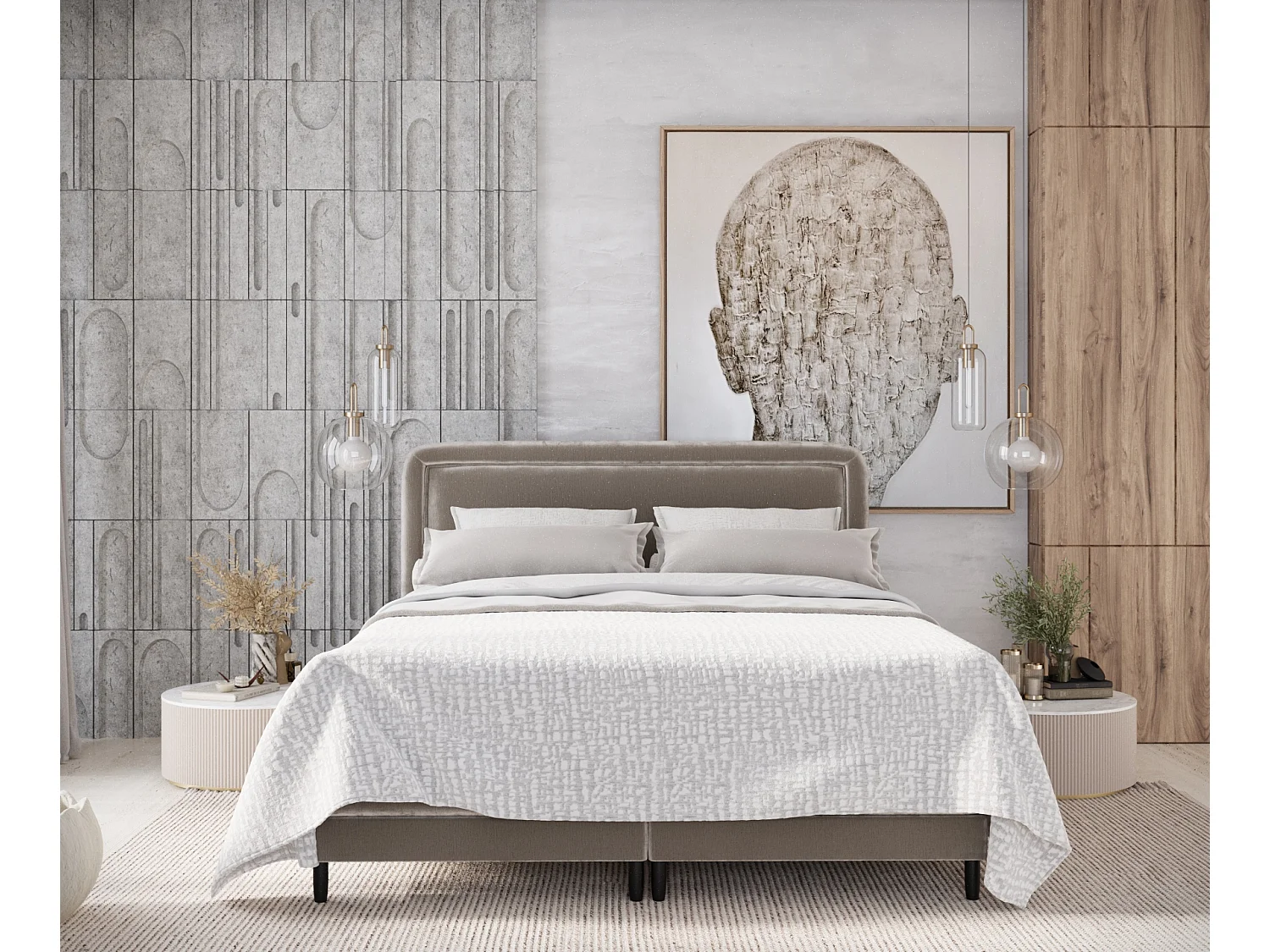 Boxspringbett aus Chenille-Stoff Dove - Matratze - Toppermatratze - 140x200 cm - beige