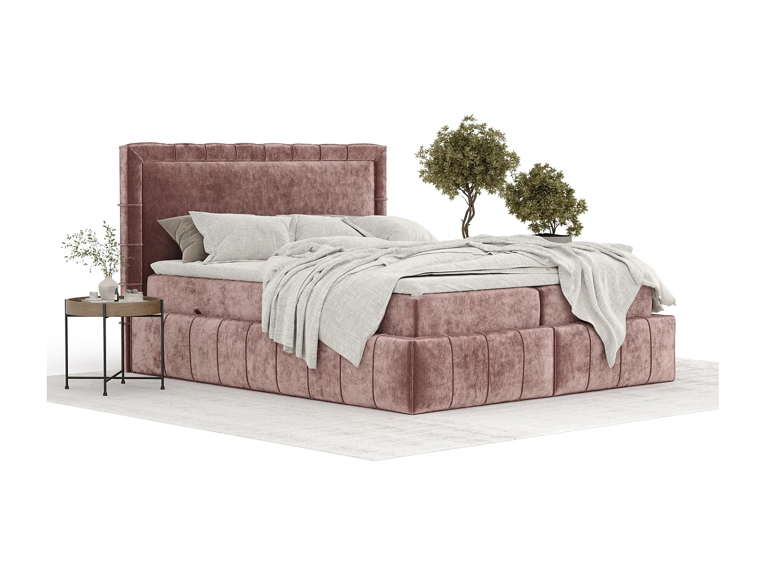 Boxspringbett aus Chenille-Stoff Sundown - Matratze - Toppermatratze - 140x200 cm - rosa