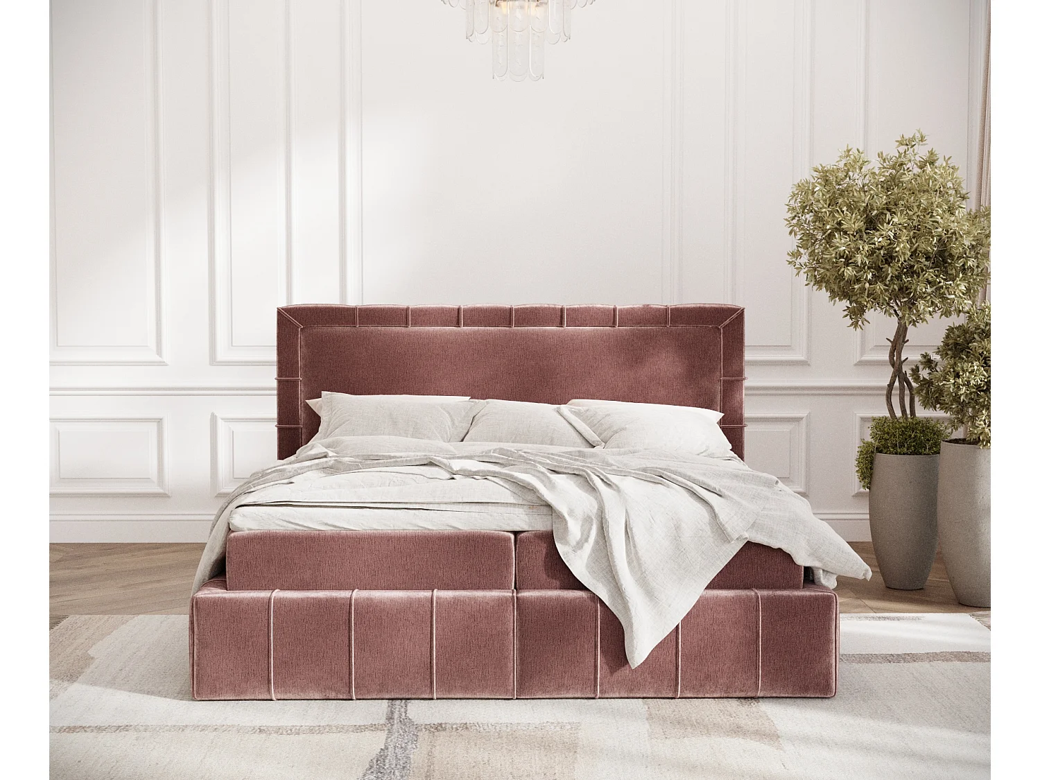 Boxspringbett aus Chenille-Stoff Sundown - Matratze - Toppermatratze - 140x200 cm - rosa