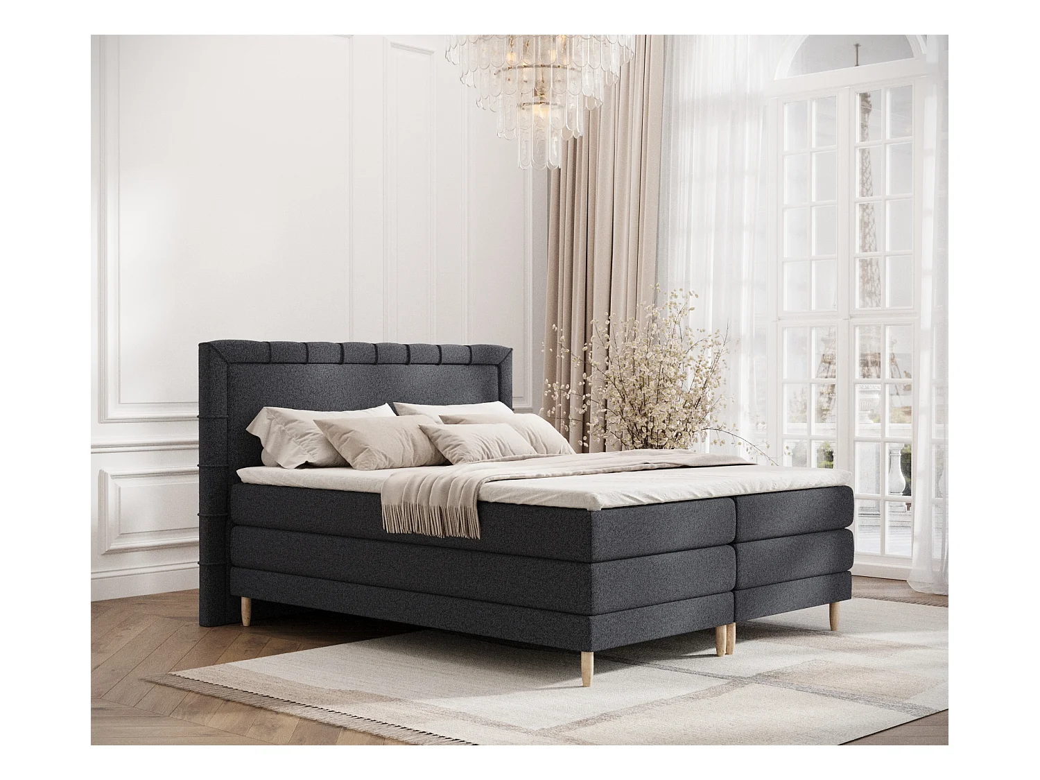 Lit boxspring en toile tissée Rimini - matelas - surmatelas - 180x200 cm - noir